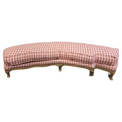French Louis XV Red Checkered Fabric and Carved Wood Bench, Stool