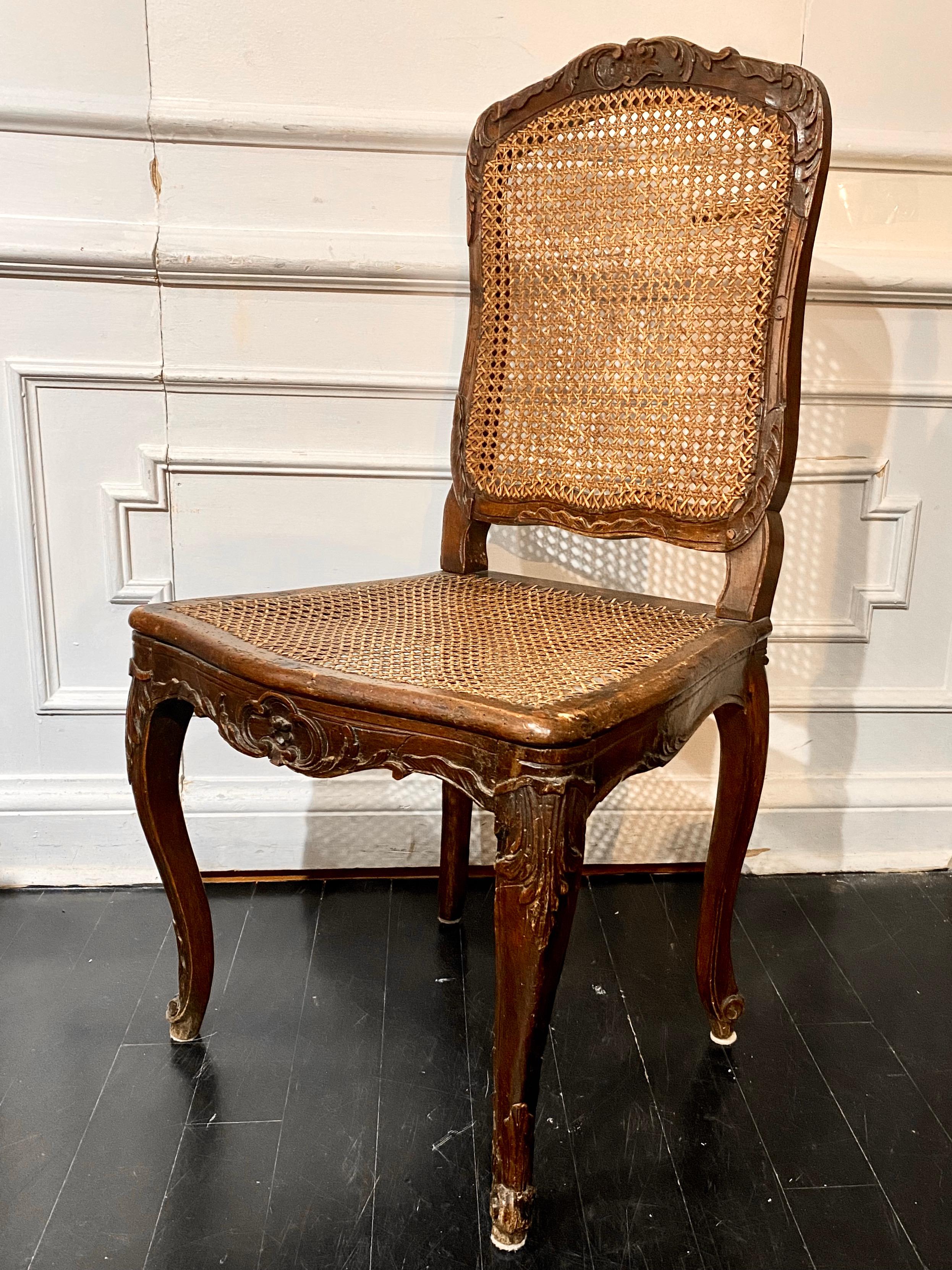 Wood French, Louis XV Régence Caned Chairs, 18th Century, Two Similar For Sale