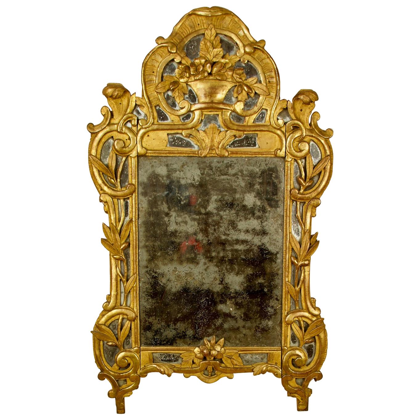 French Louis XV Rococo 18th Century Carved Gilt Wood Flower Basket Wall Mirror