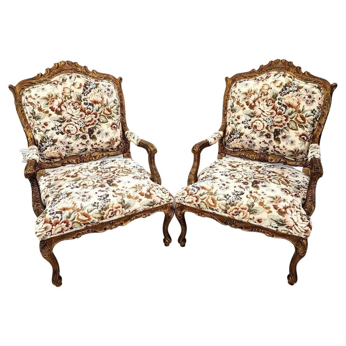 French Louis XV Rococo Giltwood Fauteuil Oversized Armchairs - a Pair For Sale