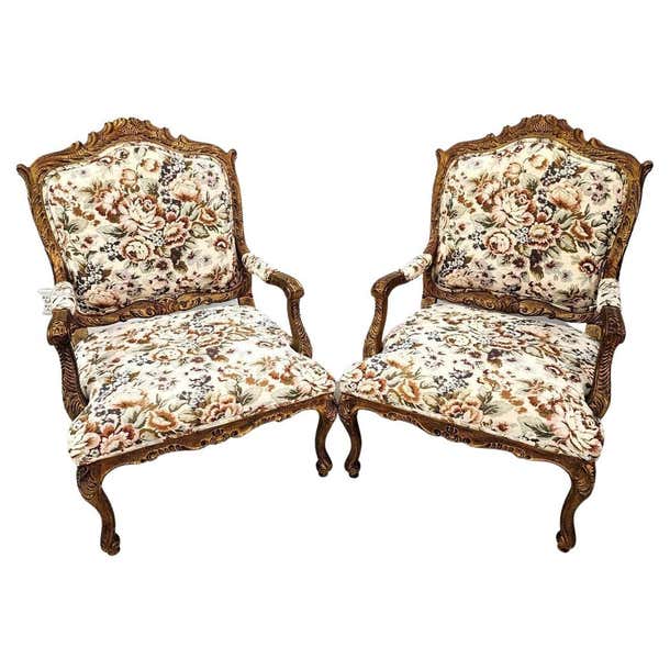 French Louis XV Rococo Giltwood Fauteuil Oversized Armchairs - a Pair ...