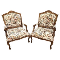 Antique French Louis XV Rococo Giltwood Fauteuil Oversized Armchairs - a Pair
