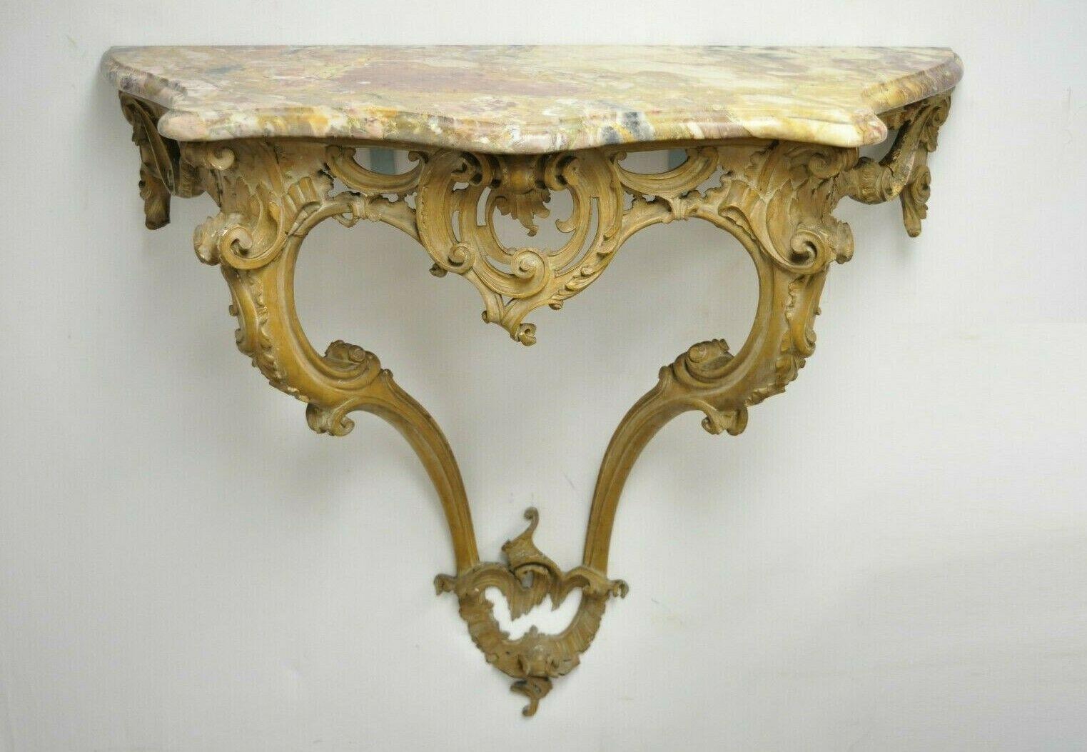 French Louis XV Rococo Italian Wall-Mounted Carved Wood Marble-Top Console Table 7