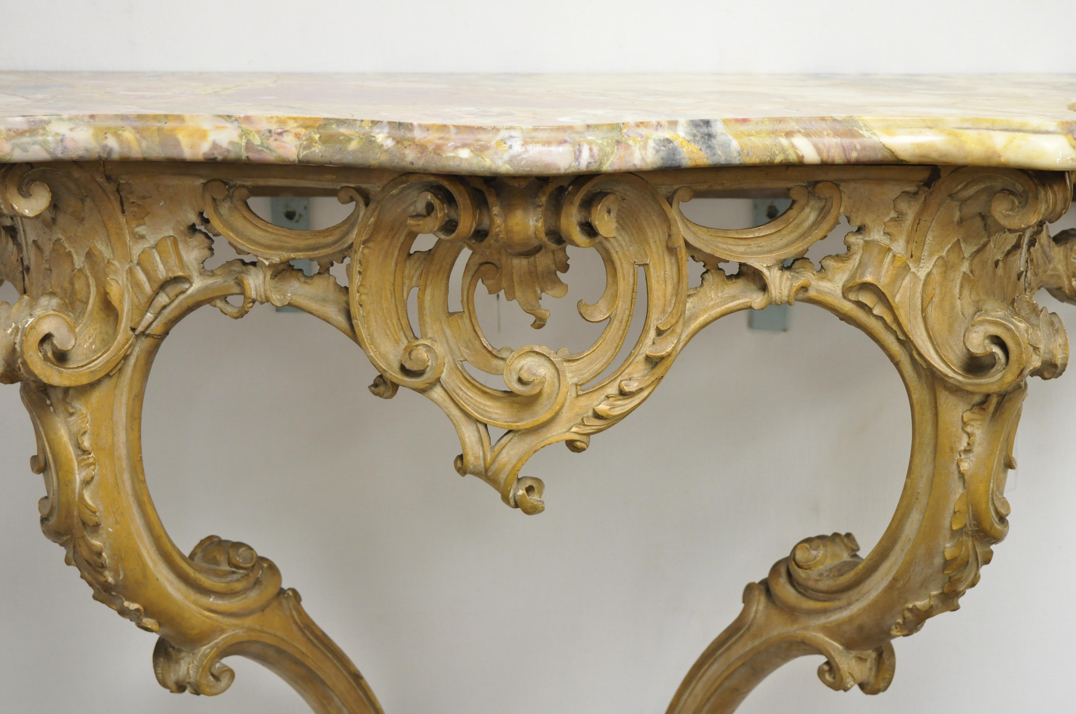 French Louis XV Rococo Italian Wall-Mounted Carved Wood Marble-Top Console Table In Good Condition In Philadelphia, PA