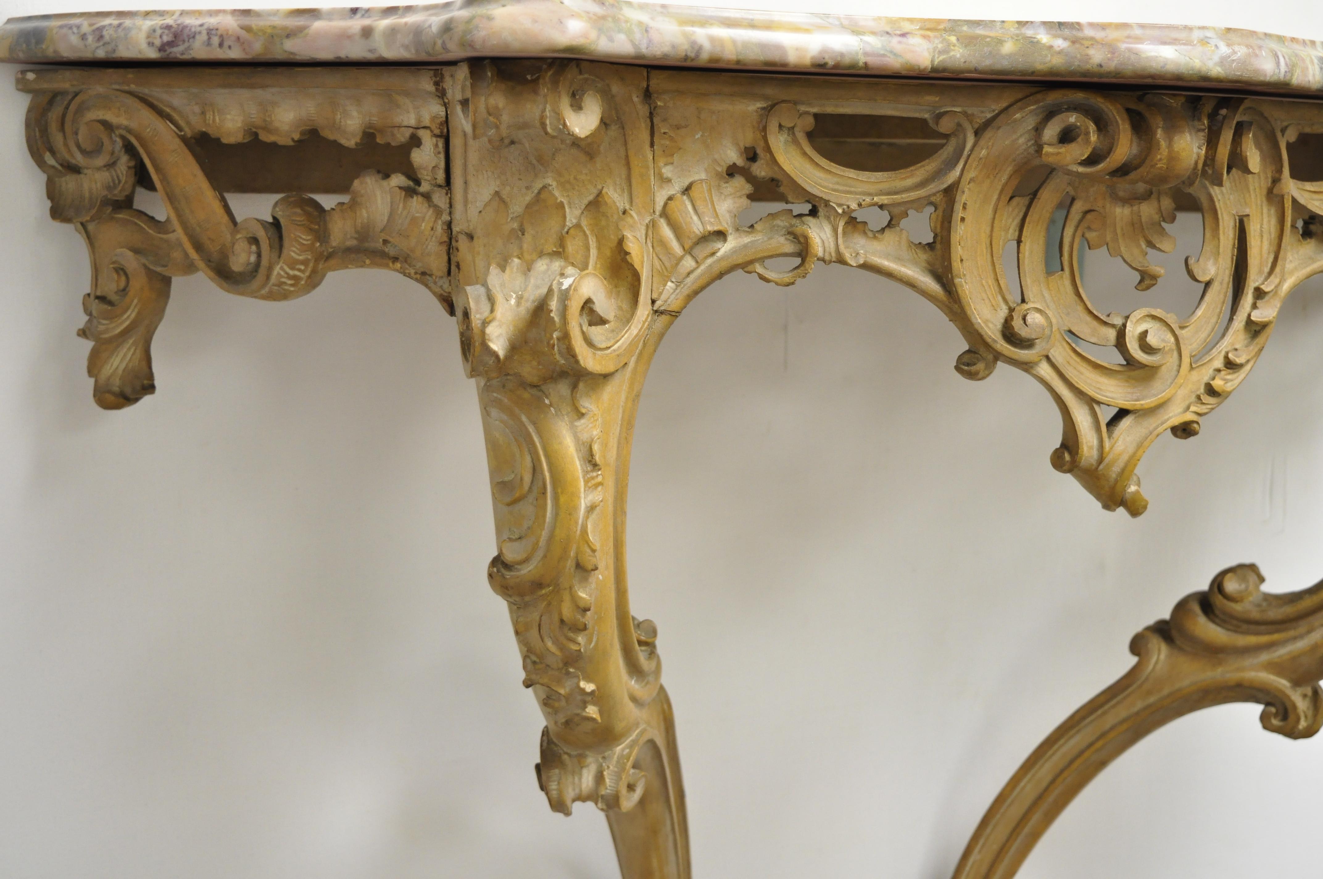20th Century French Louis XV Rococo Italian Wall-Mounted Carved Wood Marble-Top Console Table