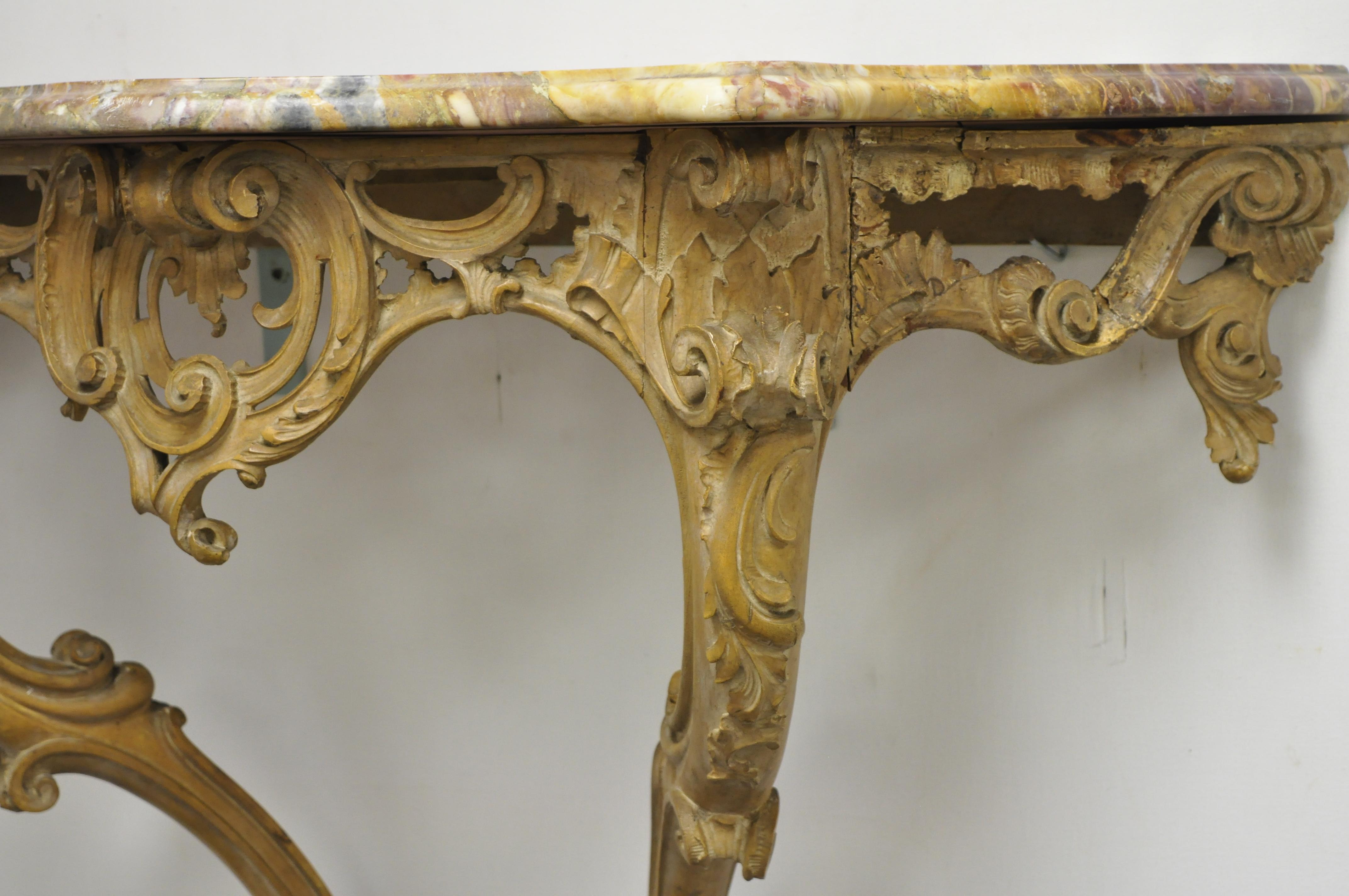 French Louis XV Rococo Italian Wall-Mounted Carved Wood Marble-Top Console Table 1