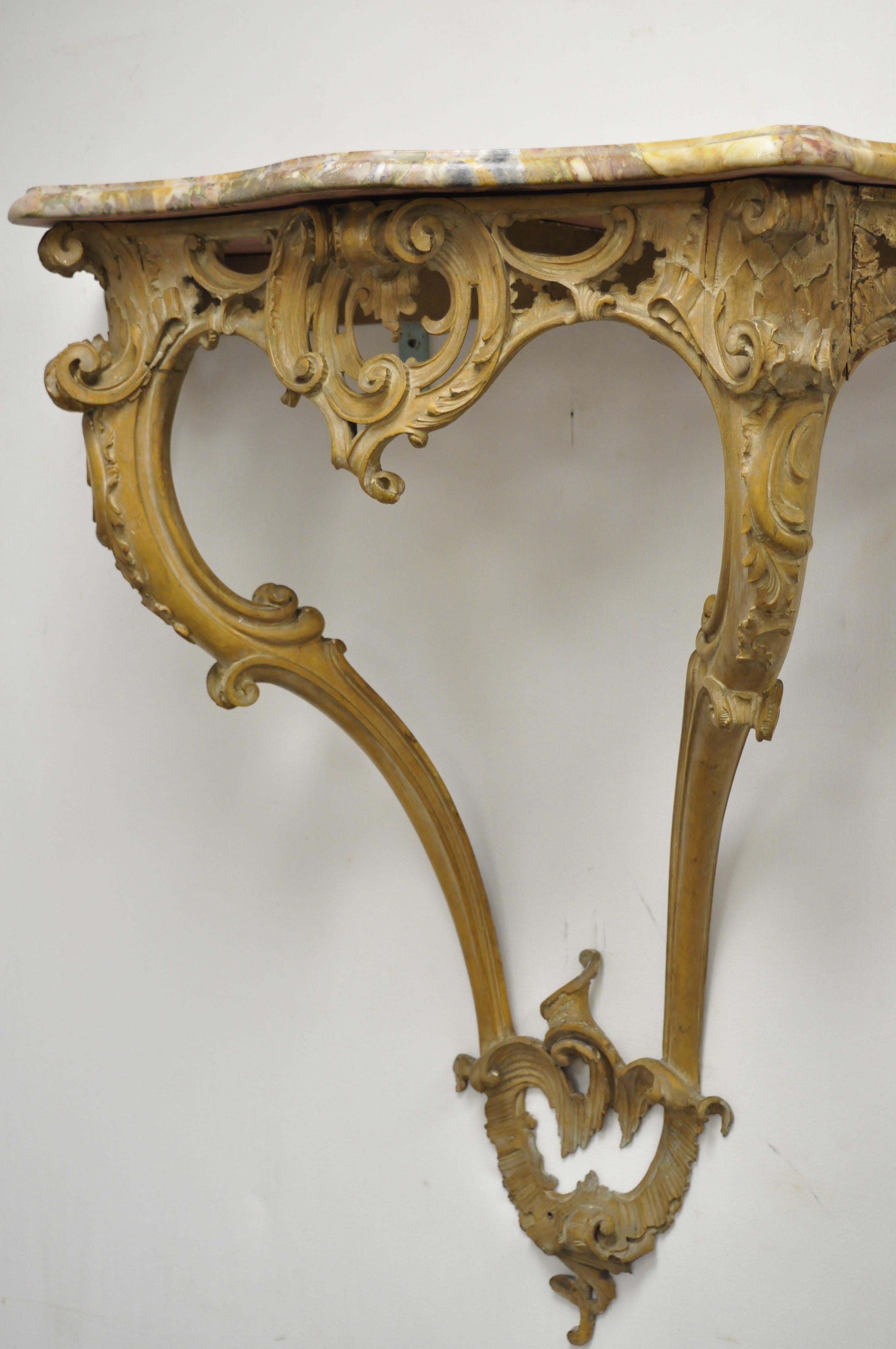 French Louis XV Rococo Italian Wall-Mounted Carved Wood Marble-Top Console Table 4