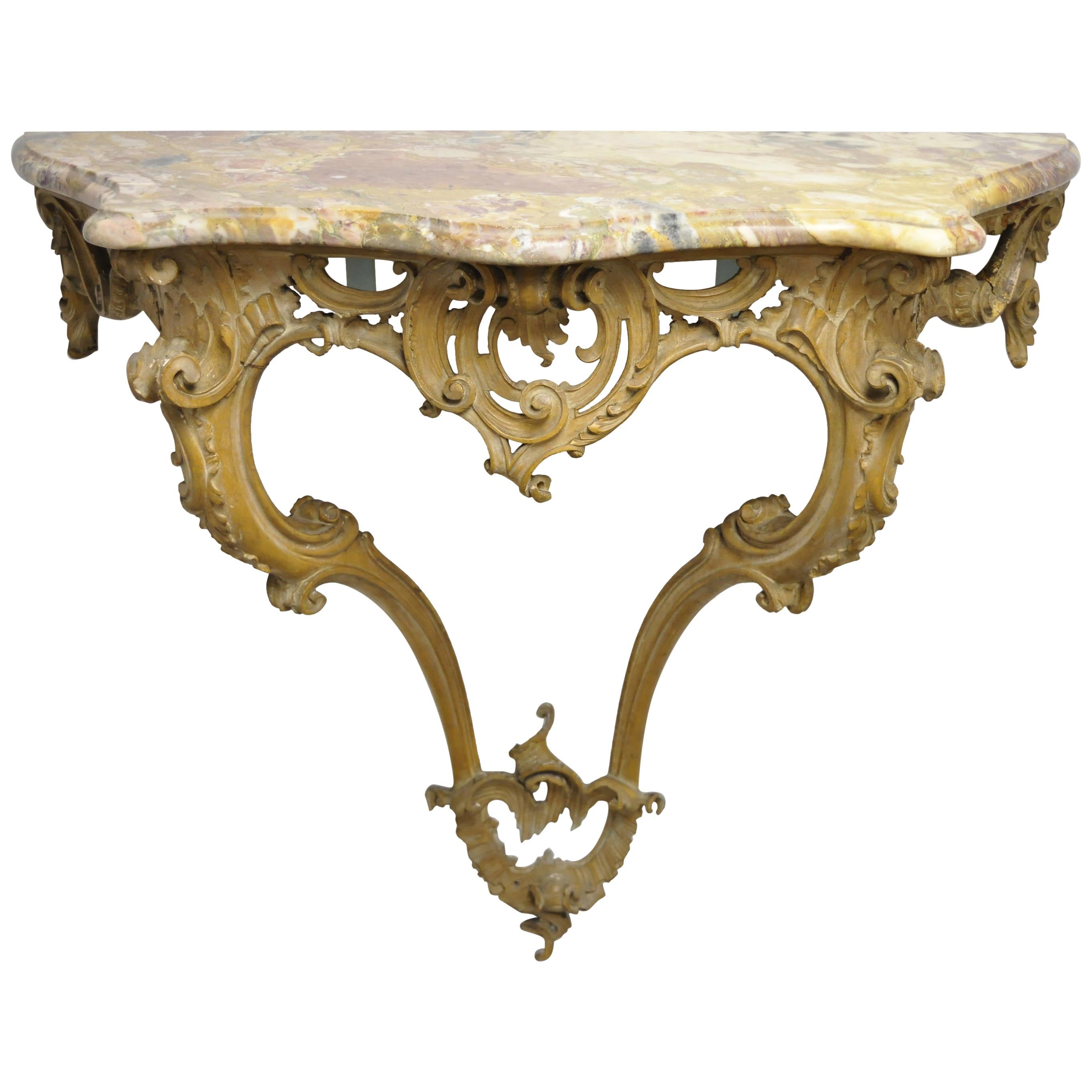 French Louis XV Rococo Italian Wall-Mounted Carved Wood Marble-Top Console Table