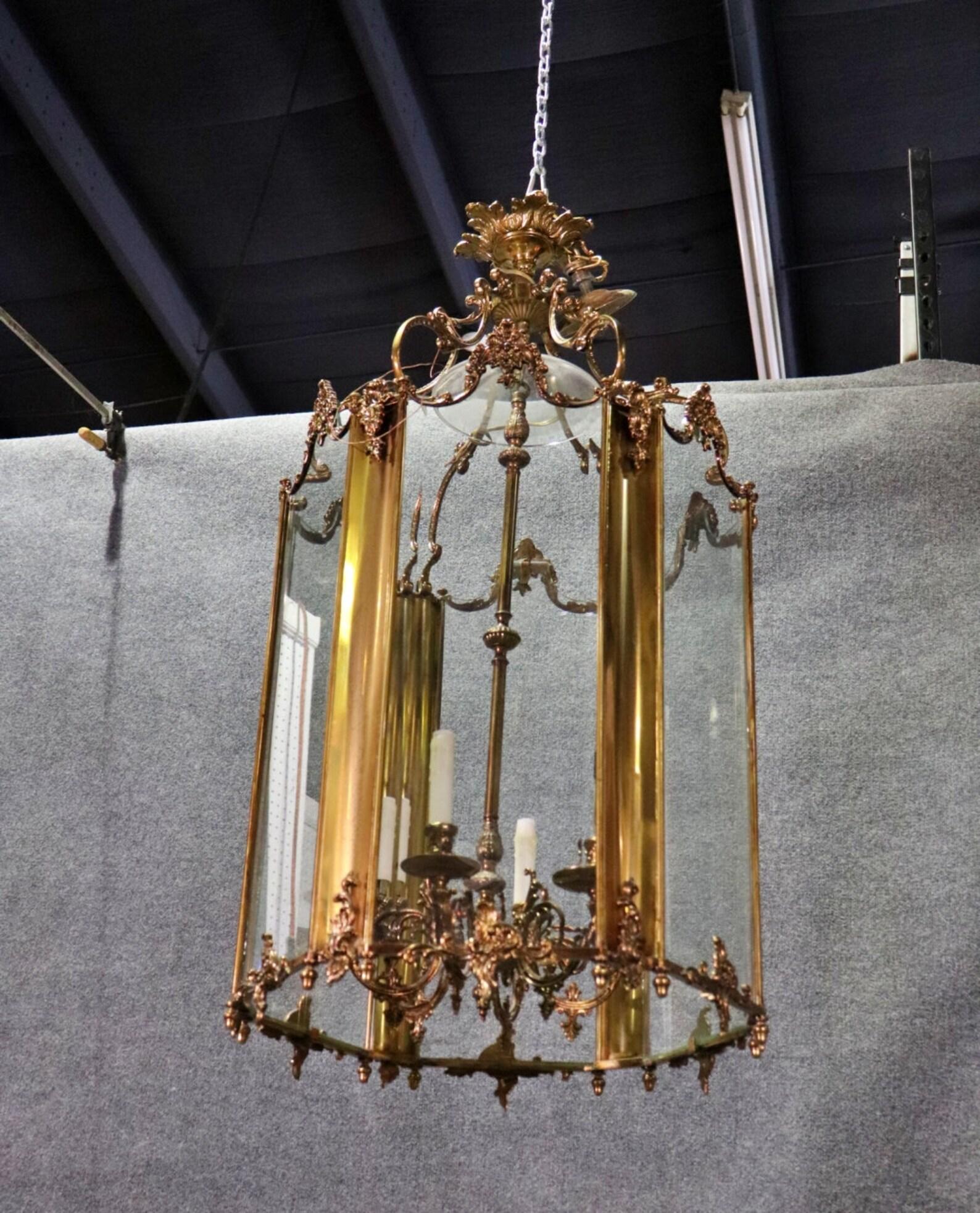 Unknown French Louis XV Rococo Style Brass and Glass Lantern Chandelier  For Sale