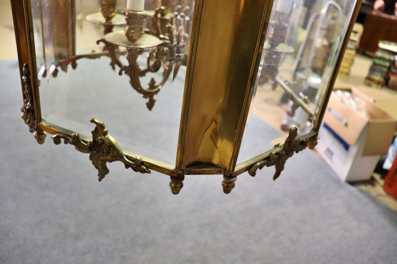20th Century French Louis XV Rococo Style Brass and Glass Lantern Chandelier  For Sale