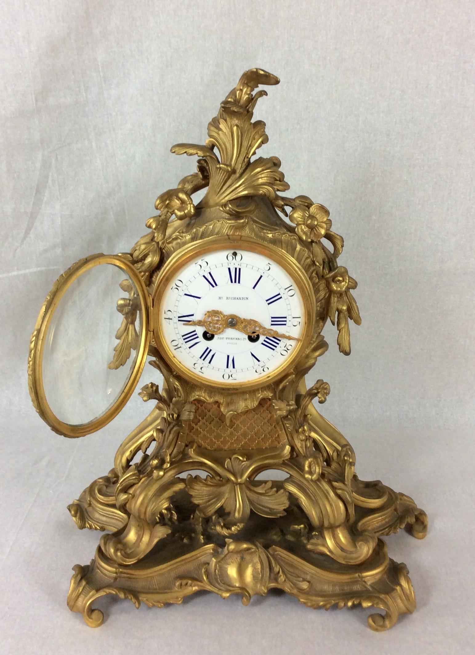 A stunning and important French mid-19th century Louis XV style ormolu clock signed H. Richardin, Rue Tureene, Paris.  The Richardin Horlogerie of Paris pieces can be found at the Paul Getty Museum in California, as well as, other important venues