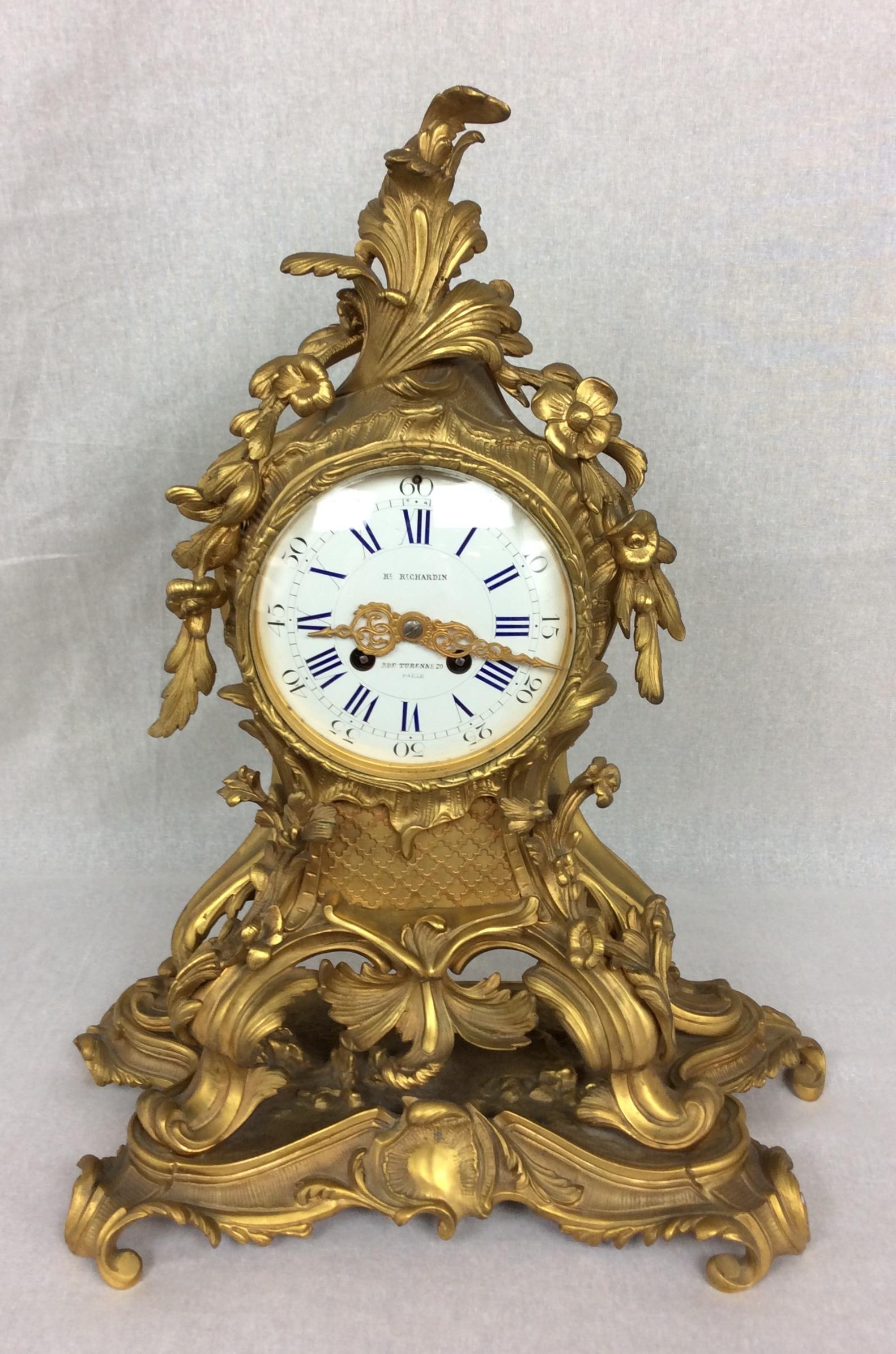 Bronze 19th Century French Louis XV Rococo Style Ormolu Clock Signed H. Richardin