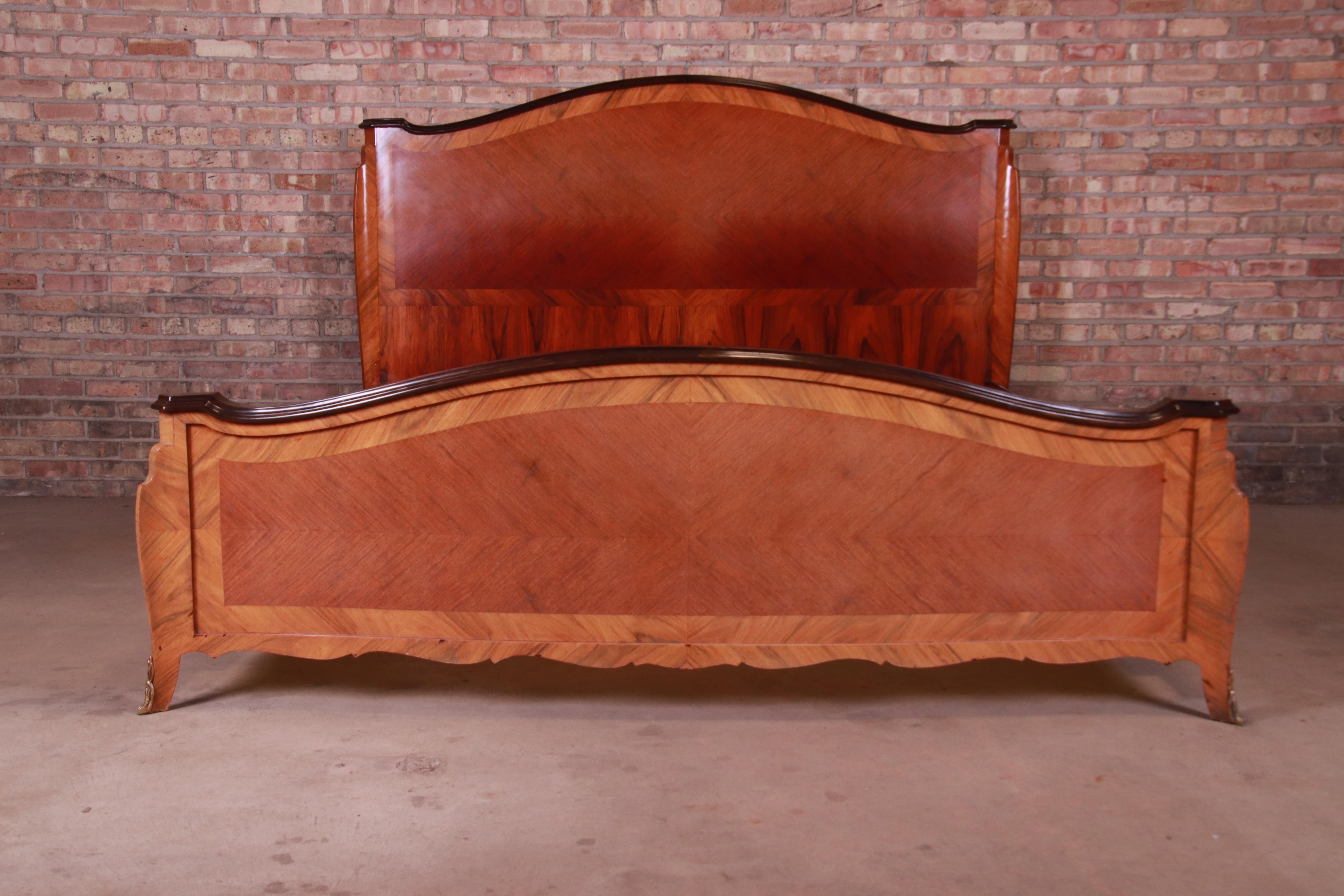 20th Century French Louis XV Rosewood and Mahogany King Size Bed with Brass Ormolu