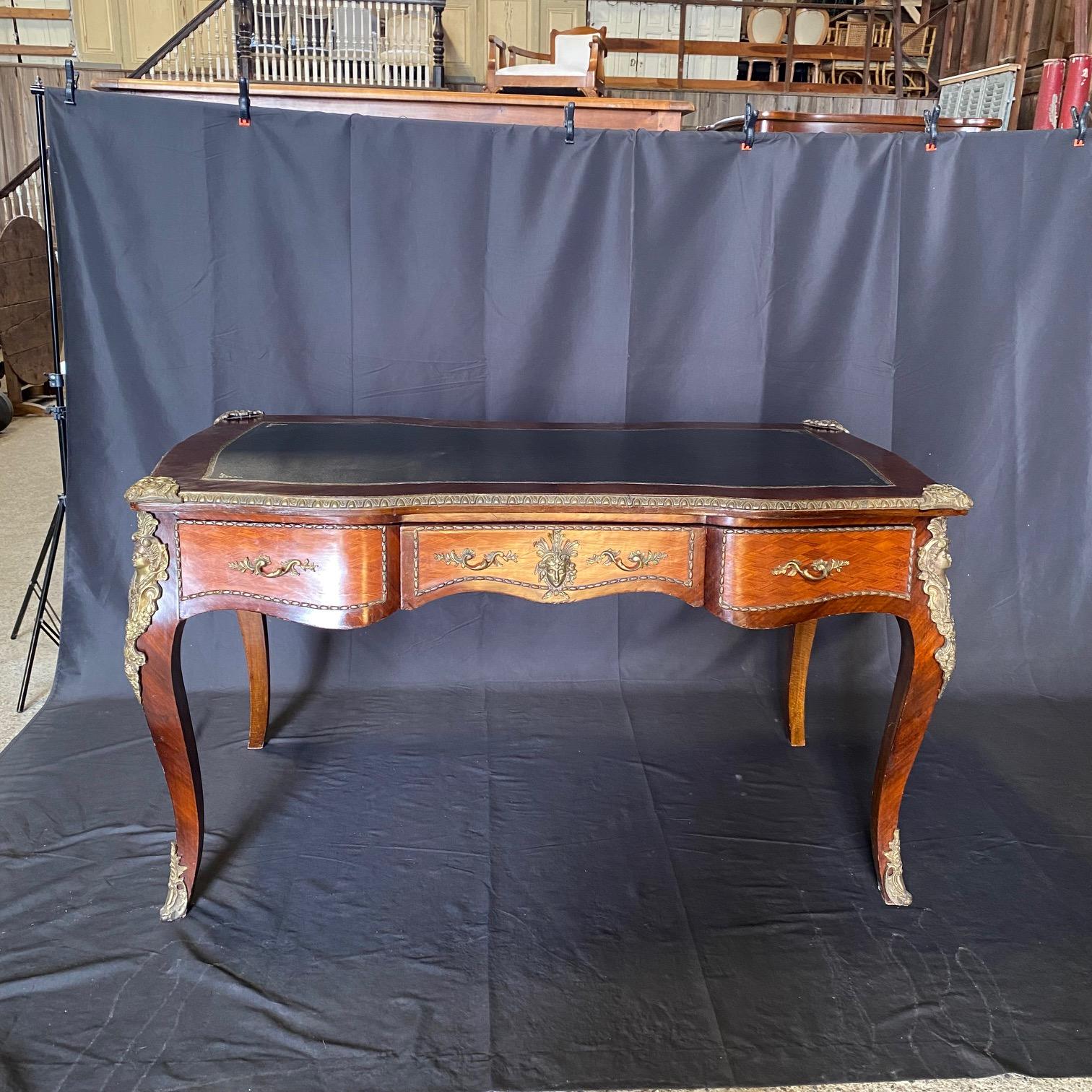 French Louis XV Satinwood and Mahogany Bureau Plat Leather Top Writing Desk For Sale 5