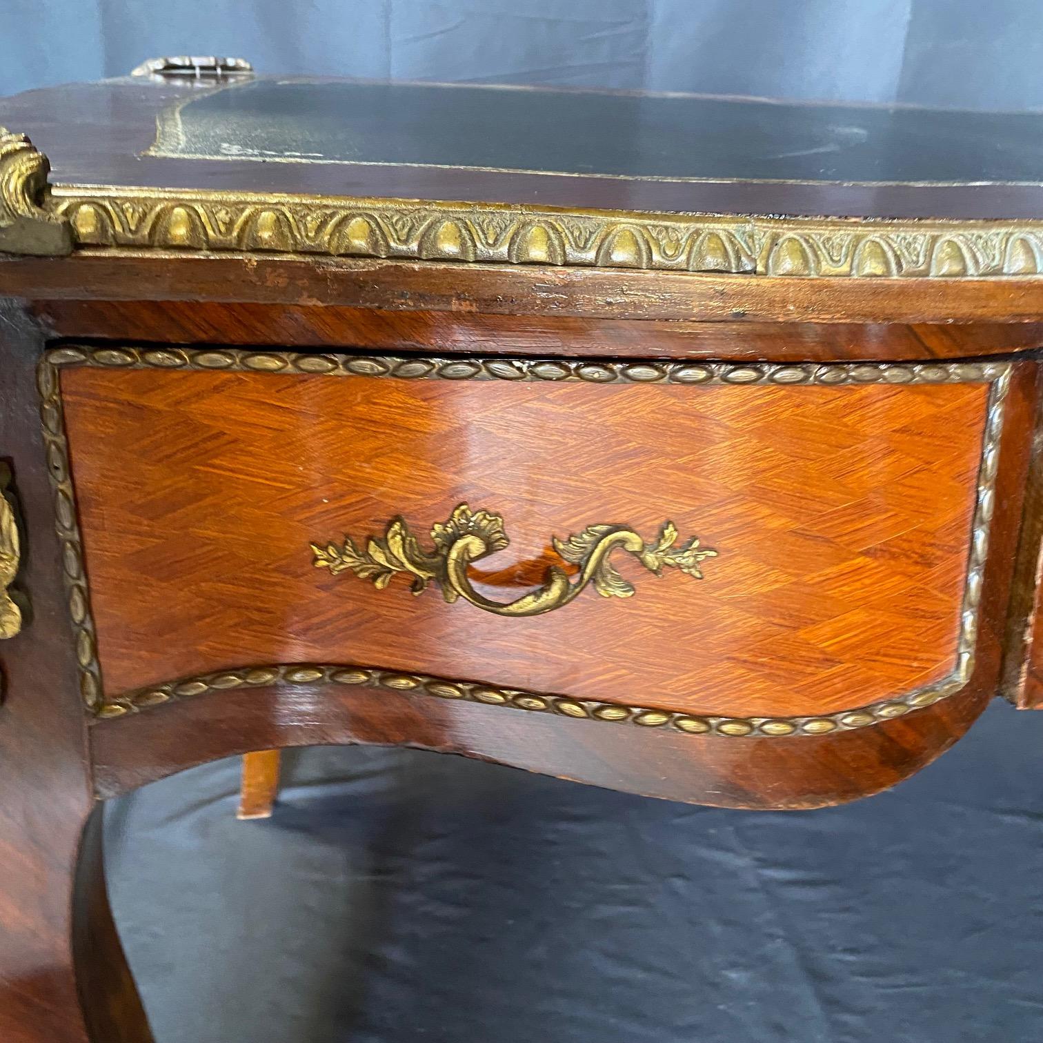 French Louis XV Satinwood and Mahogany Bureau Plat Leather Top Writing Desk For Sale 6