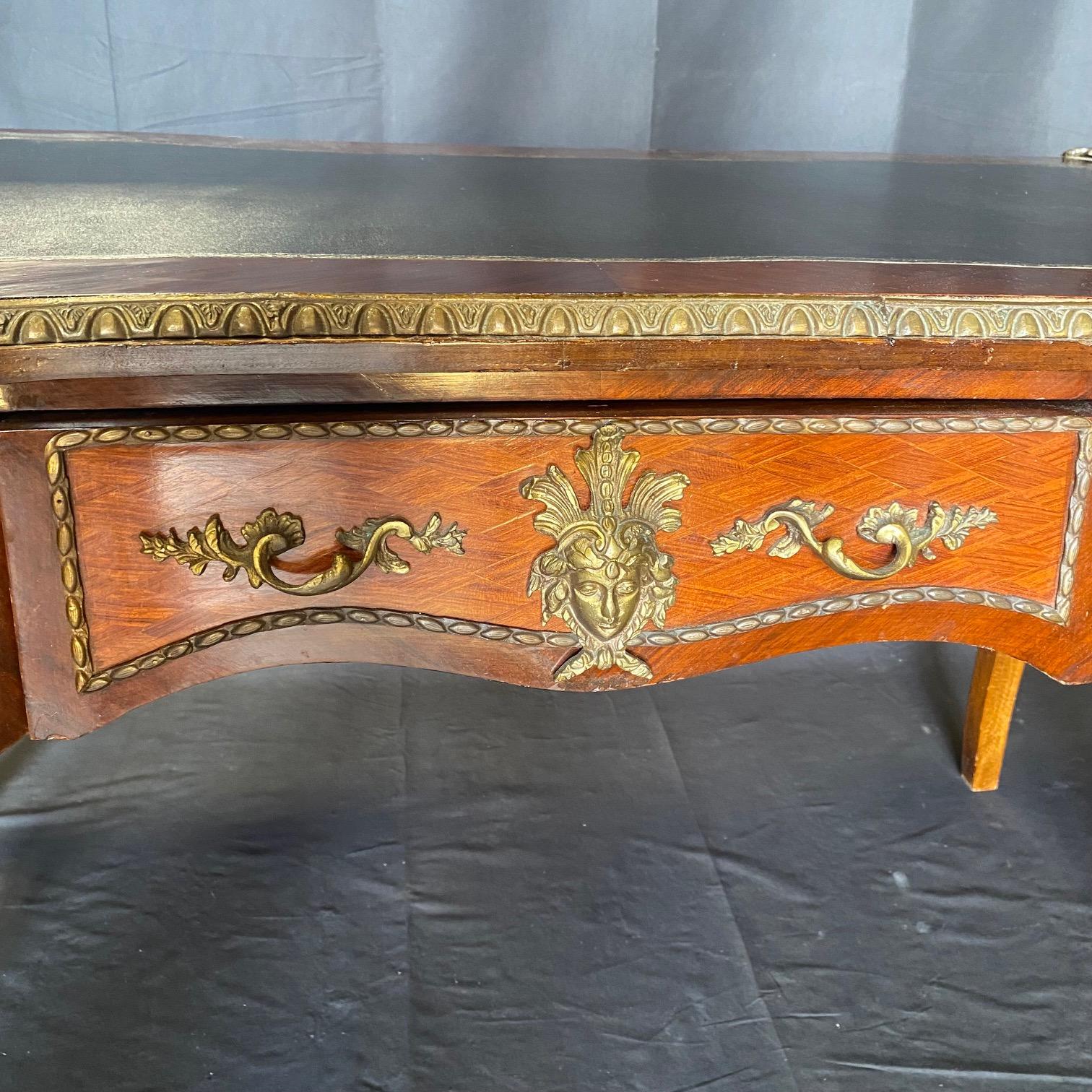 French Louis XV Satinwood and Mahogany Bureau Plat Leather Top Writing Desk For Sale 7