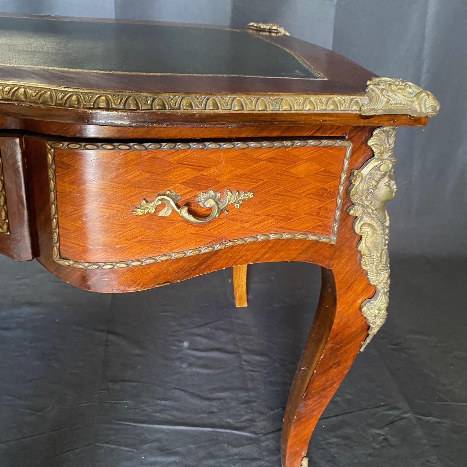 French Louis XV Satinwood and Mahogany Bureau Plat Leather Top Writing Desk For Sale 8