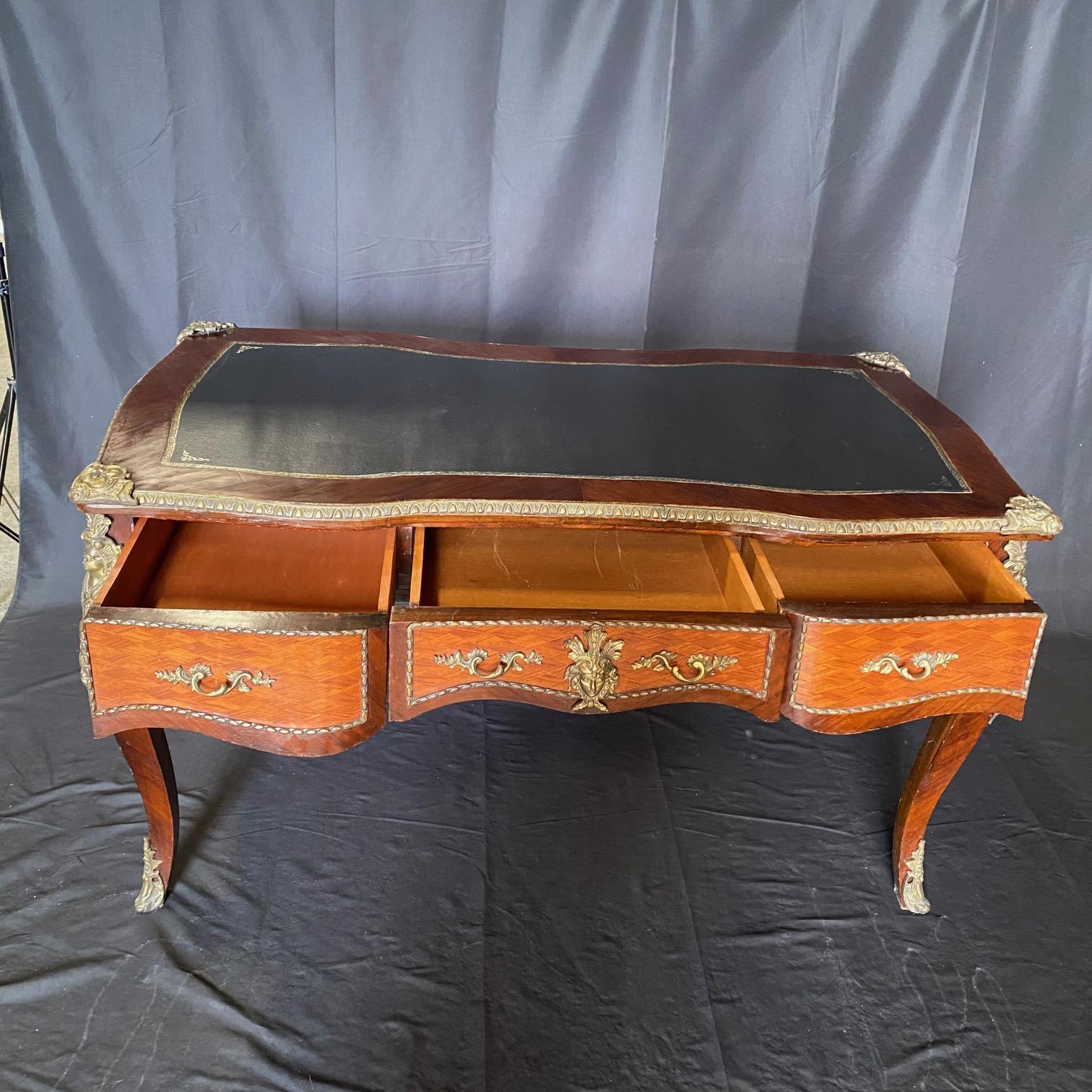 French Louis XV Satinwood and Mahogany Bureau Plat Leather Top Writing Desk For Sale 9