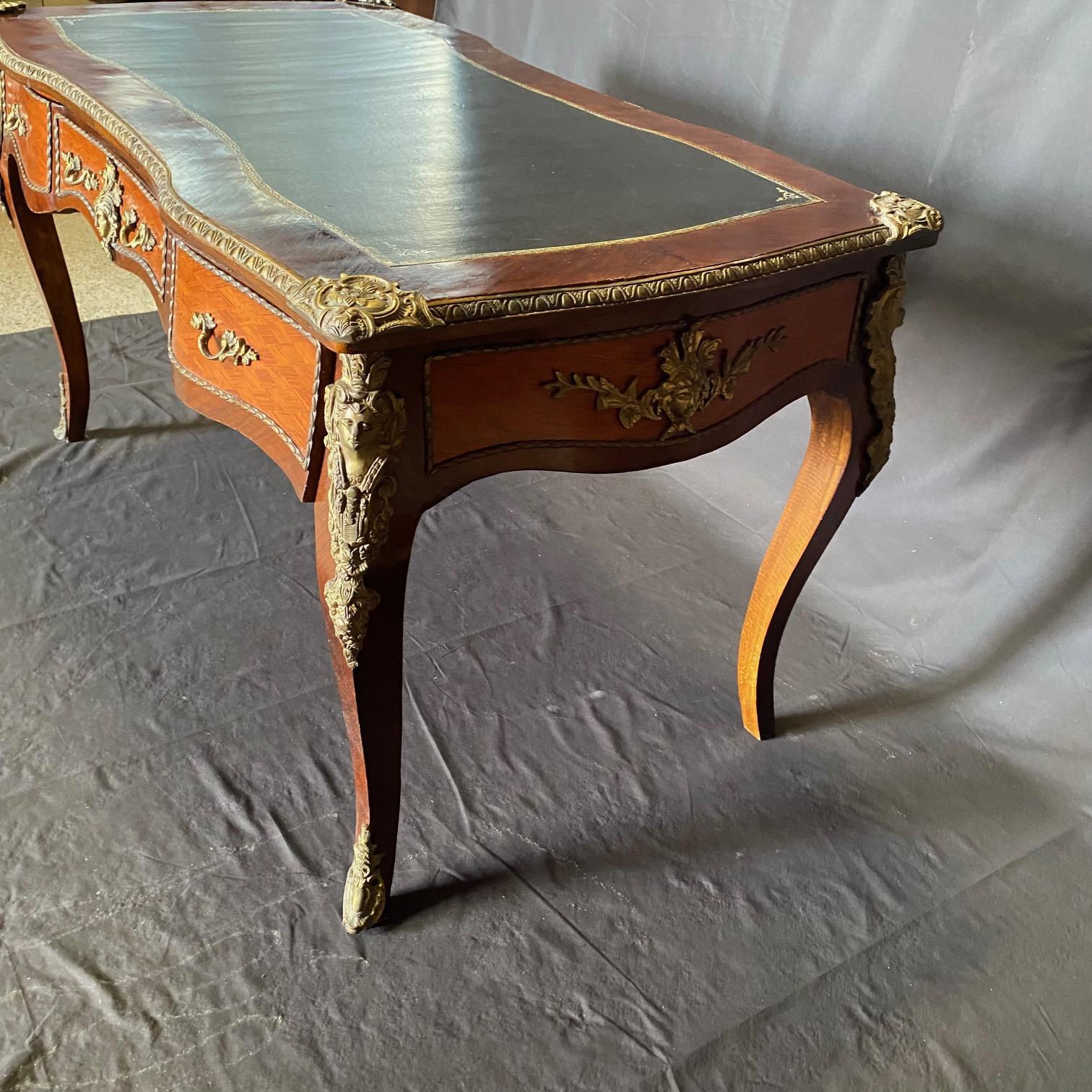 French Louis XV Satinwood and Mahogany Bureau Plat Leather Top Writing Desk For Sale 11