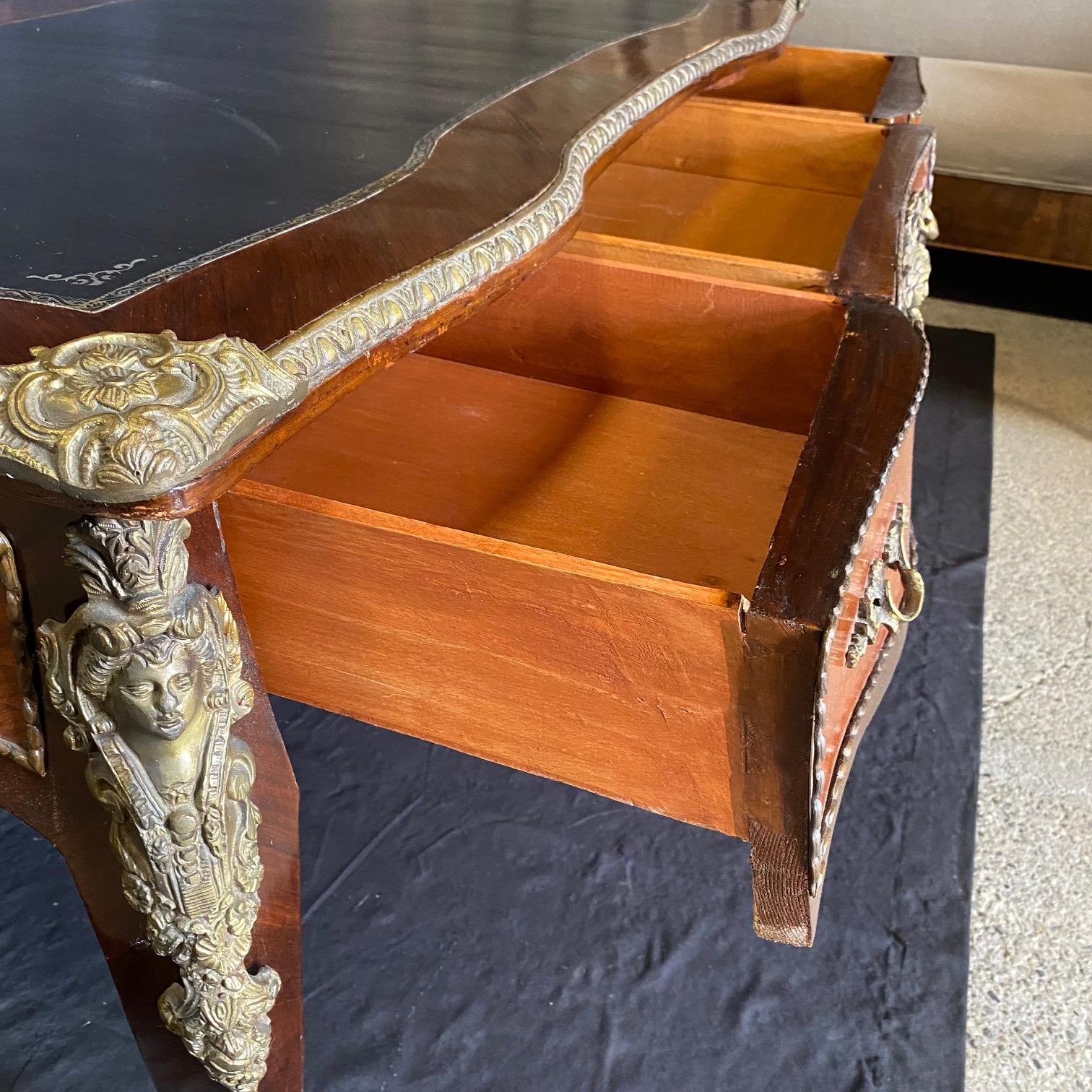 French Louis XV Satinwood and Mahogany Bureau Plat Leather Top Writing Desk For Sale 12