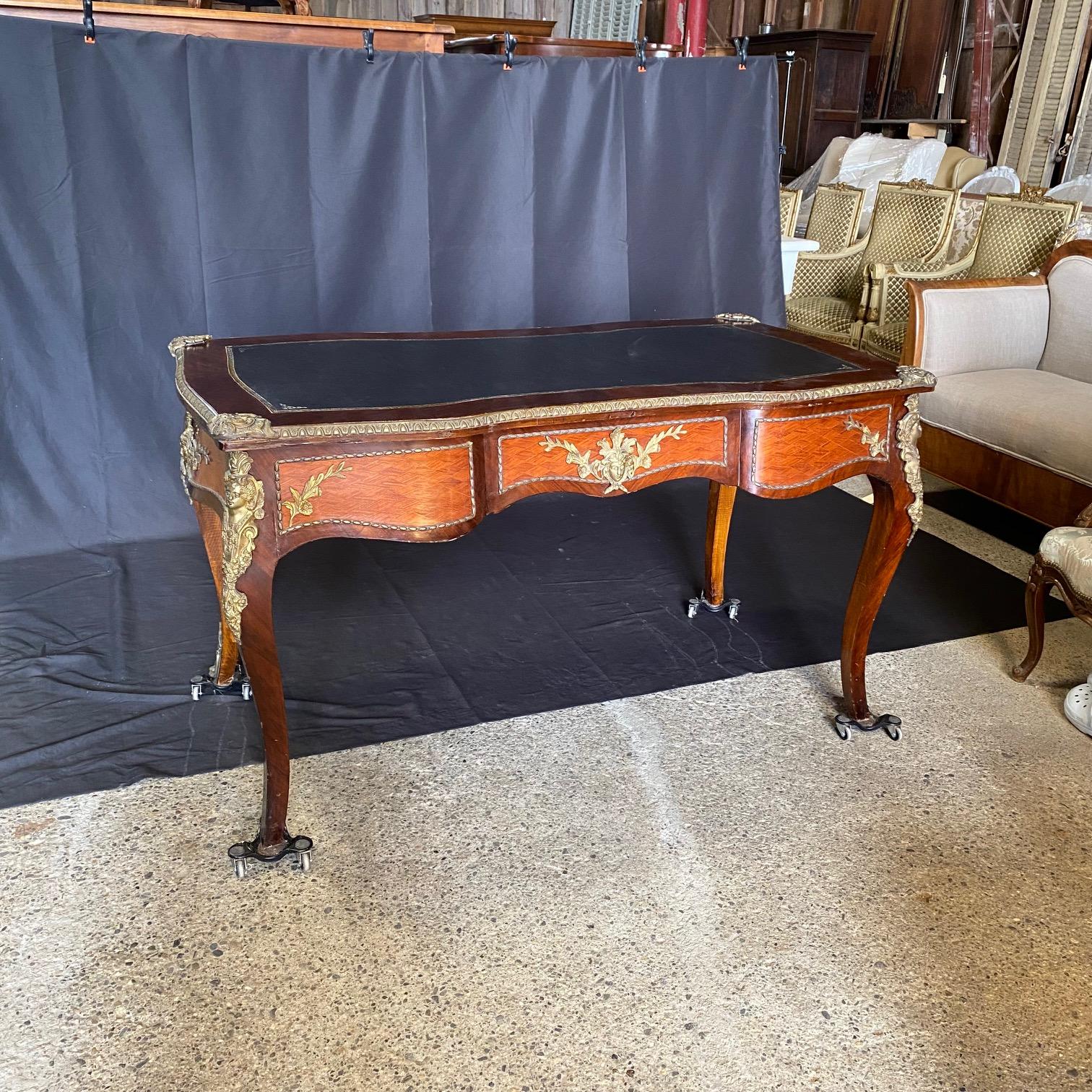 French Louis XV Satinwood and Mahogany Bureau Plat Leather Top Writing Desk For Sale 13