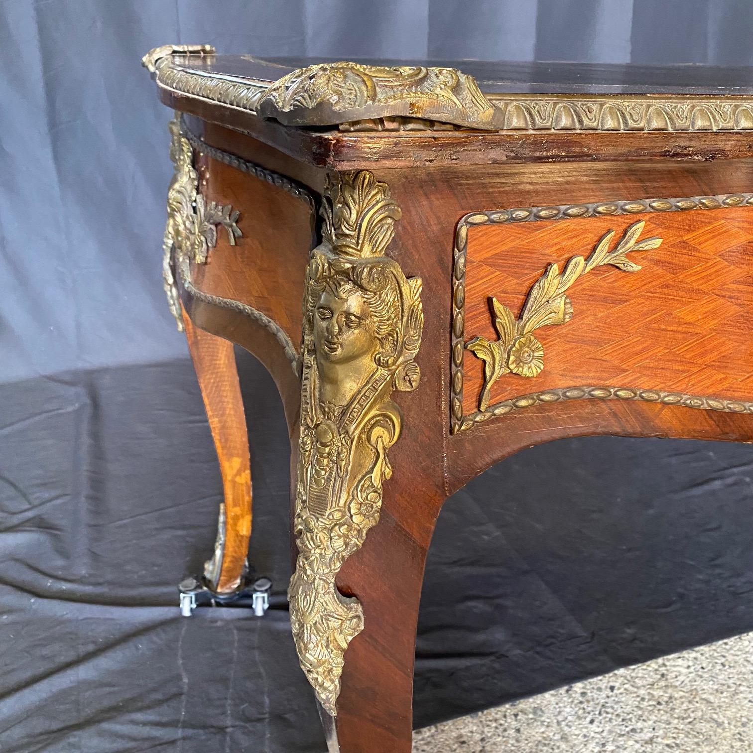 American French Louis XV Satinwood and Mahogany Bureau Plat Leather Top Writing Desk For Sale