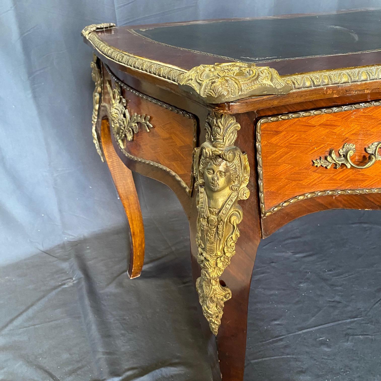 Late 20th Century French Louis XV Satinwood and Mahogany Bureau Plat Leather Top Writing Desk For Sale