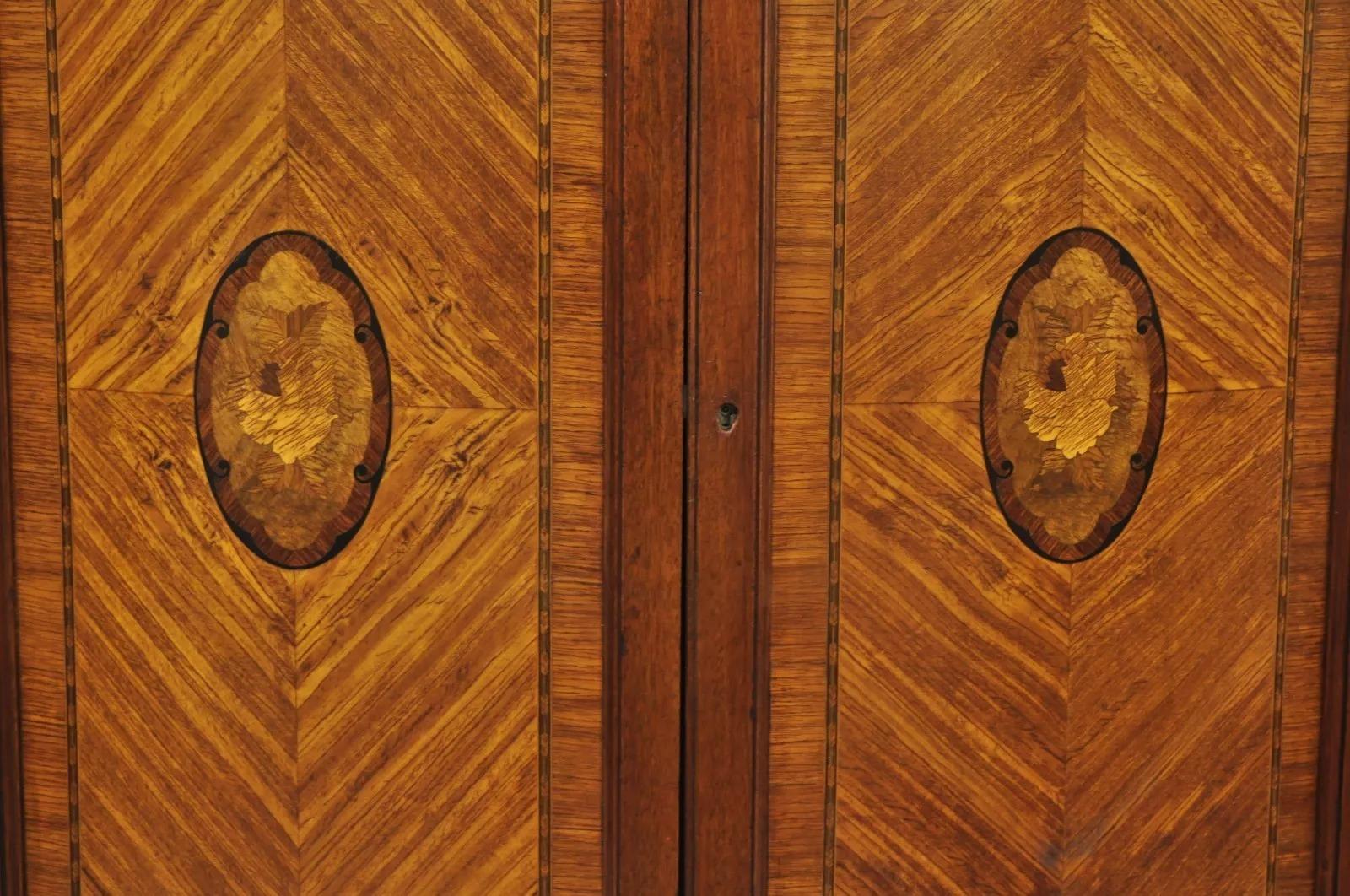 French Louis XV Satinwood Inlaid Pink Marble Top Tall Chest Wardrobe Dresser In Good Condition In Philadelphia, PA