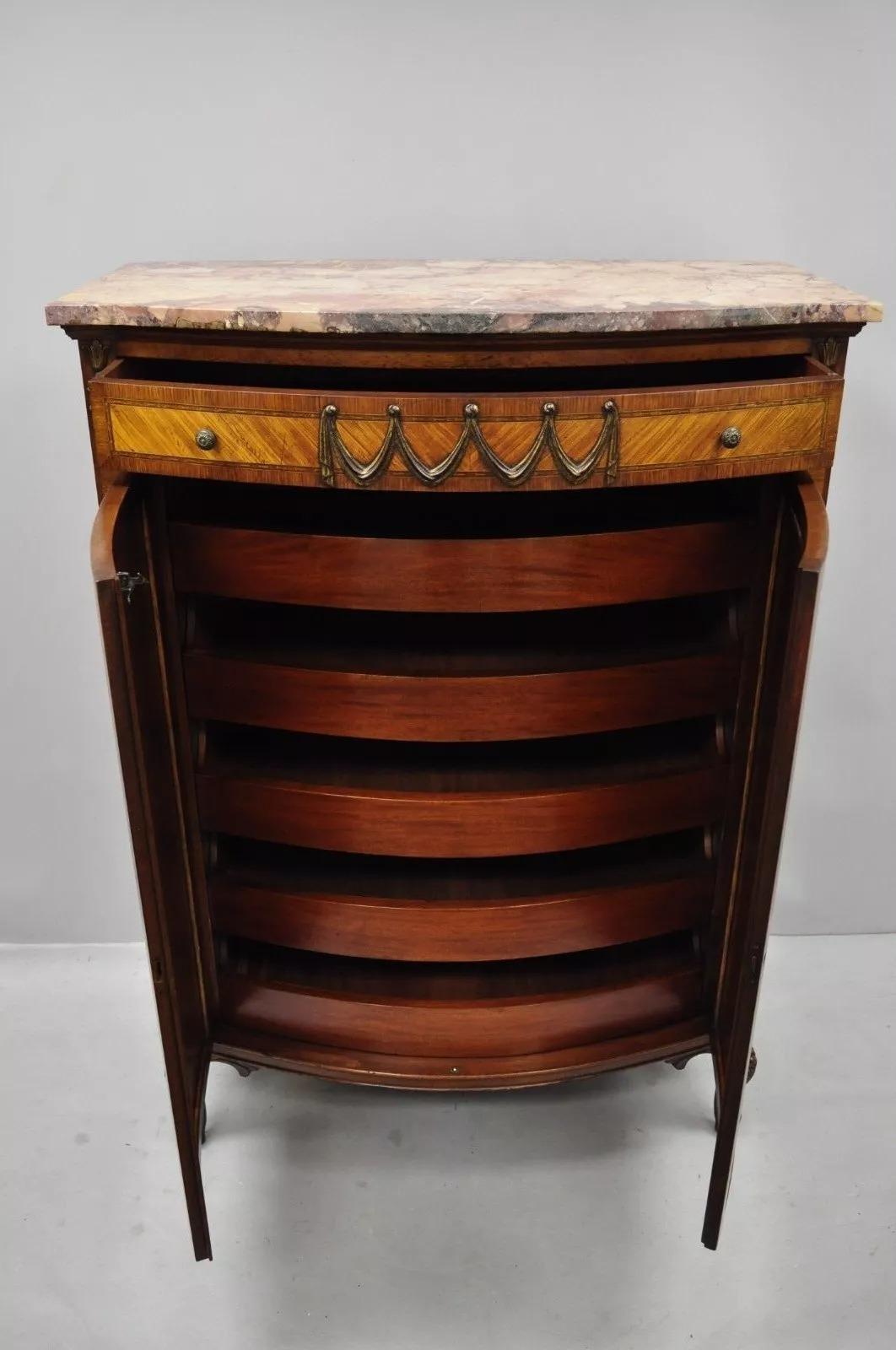 French Louis XV Satinwood Inlaid Pink Marble Top Tall Chest Wardrobe Dresser 1