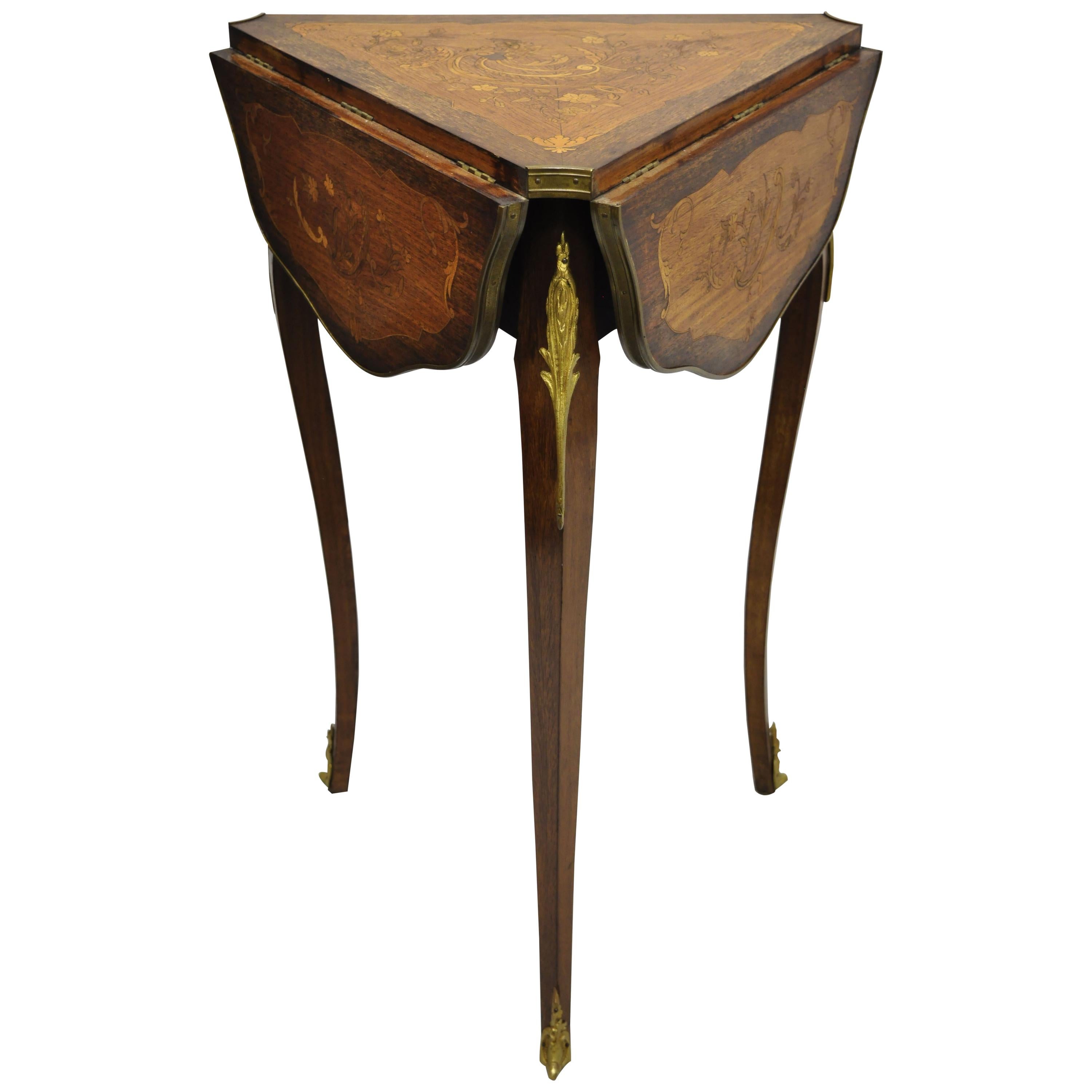 French Louis XV Satinwood Inlay Triple Drop Leaf Side Table with Bronze Ormolu