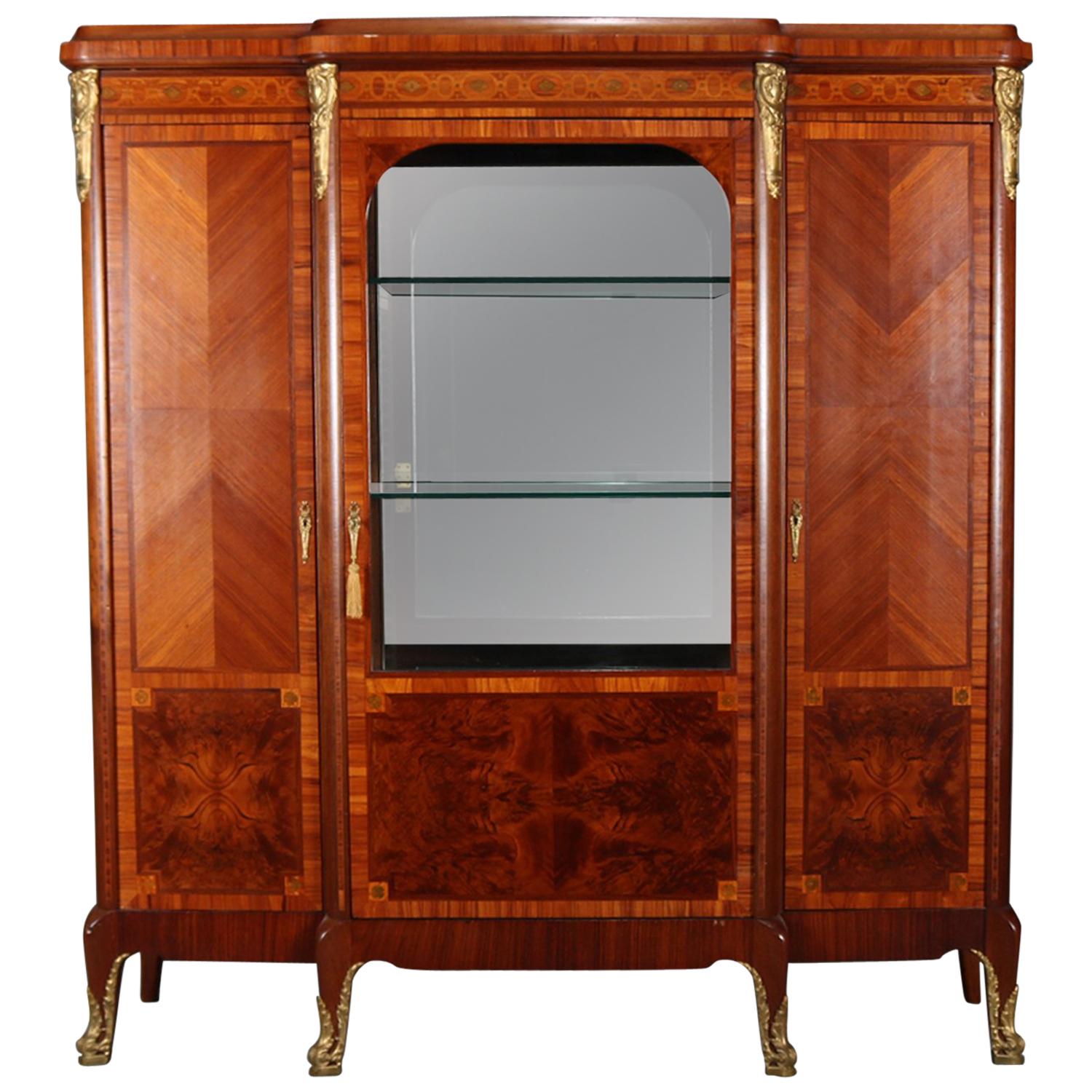 French Louis XV School Flame Mahogany Inlaid and Ormolu China Cabinet