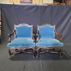 French Louis XV Set of 4 Chairs with Original Blue Mohair Upholstery