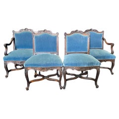 French Louis XV Set of 4 Chairs with Original Blue Mohair Upholstery