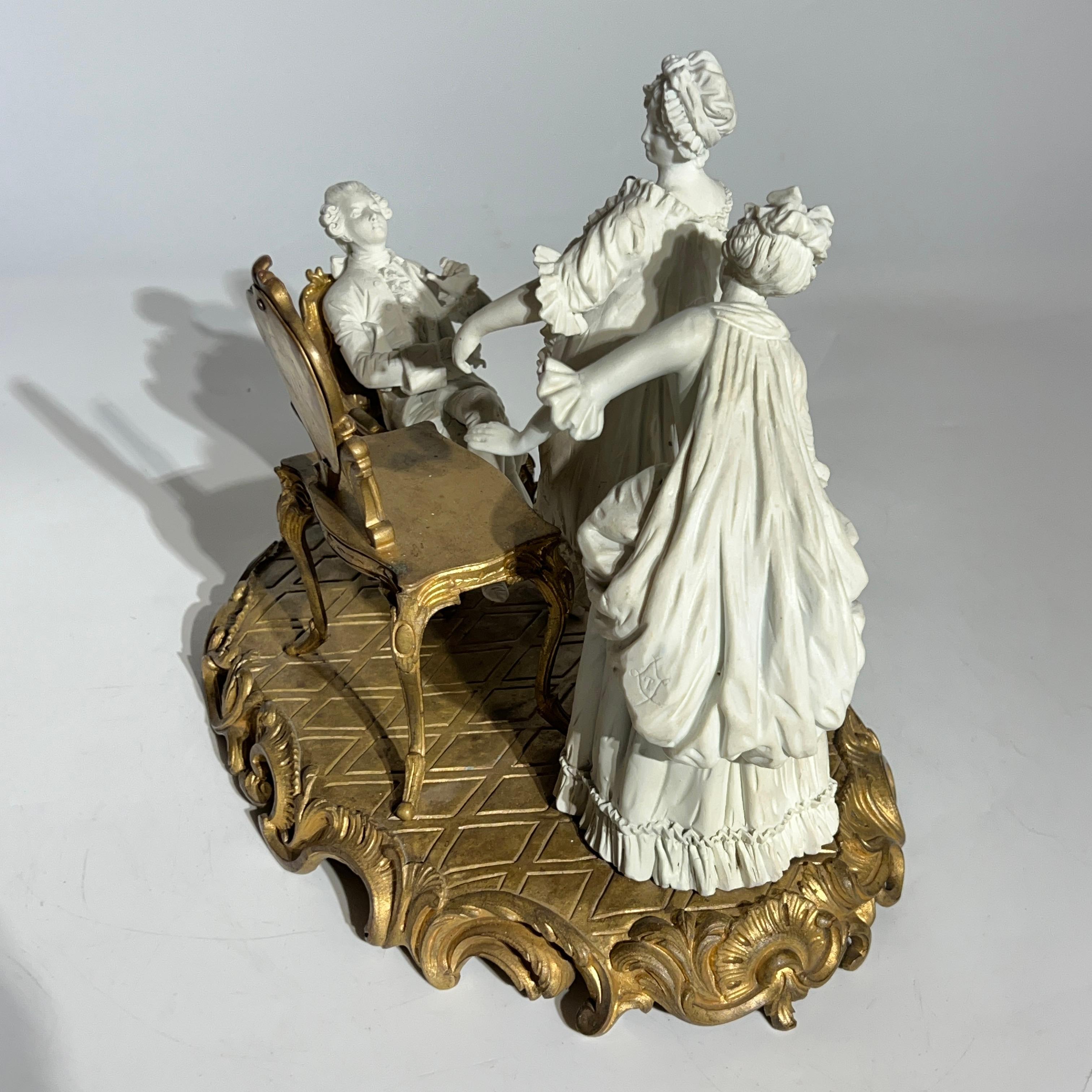 Gilt French Louis XV Sevres Style Bisque Porcelain and Bronze Sculpture
