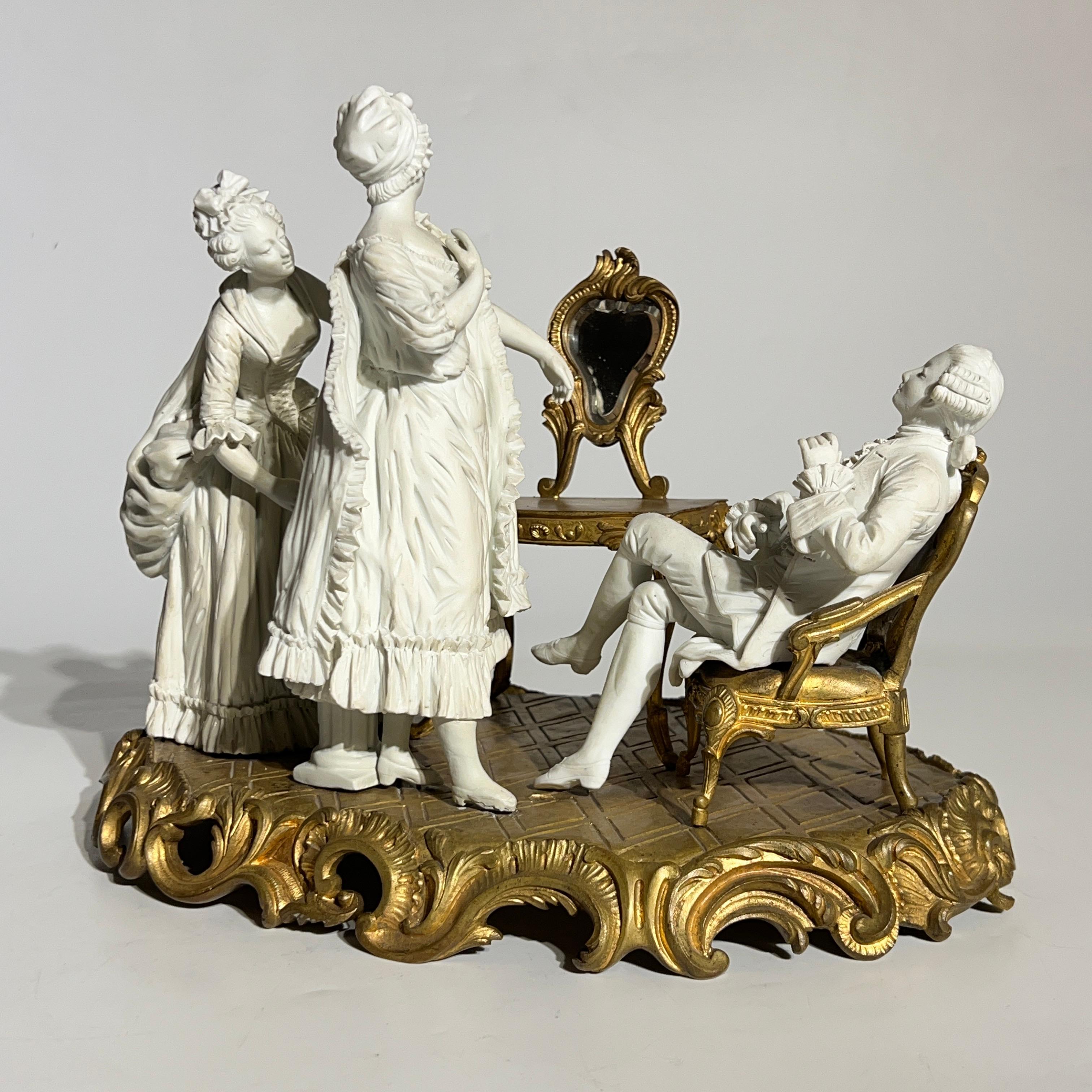 French Louis XV Sevres Style Bisque Porcelain and Bronze Sculpture 1