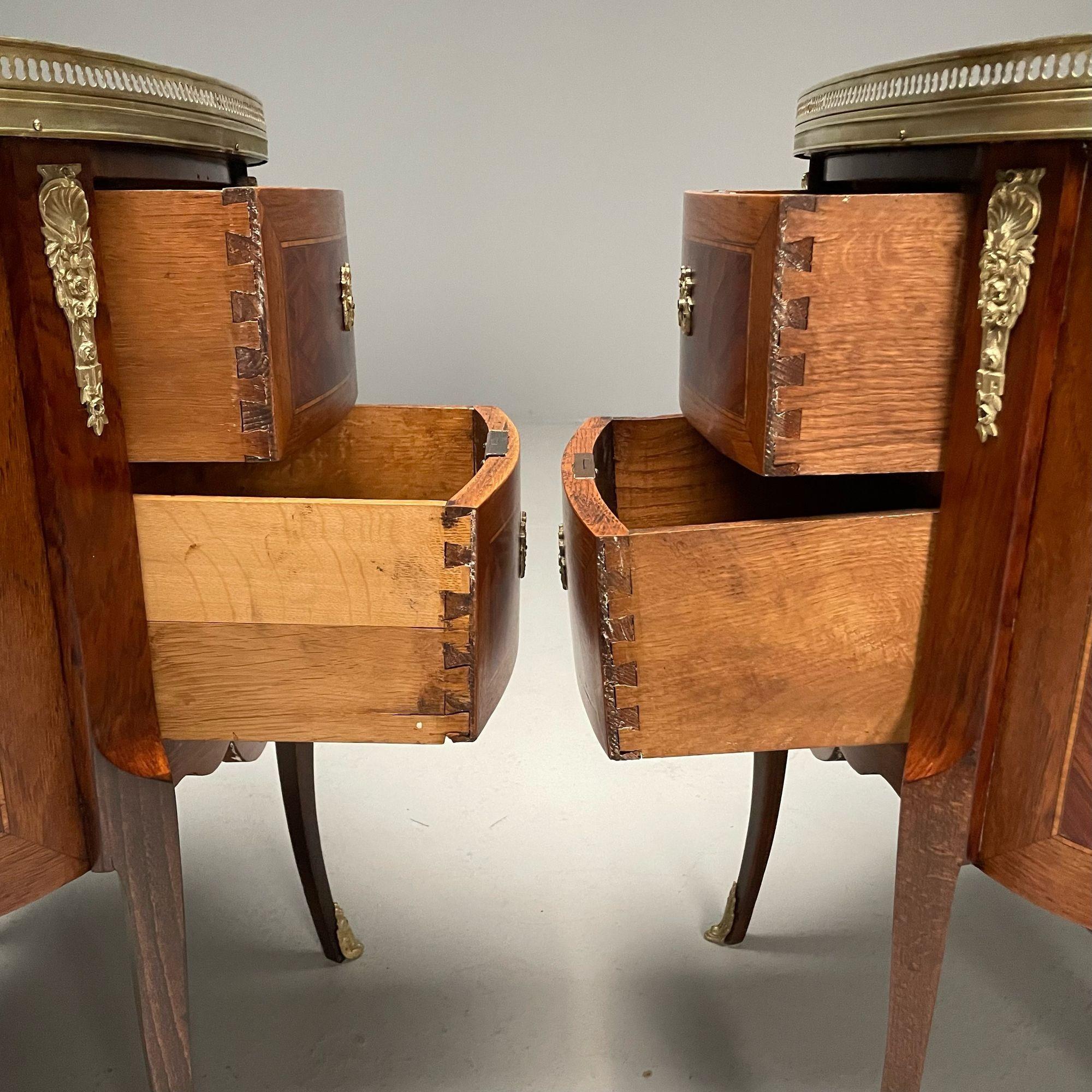 French Louis XV, Side Tables, Marquetry, Marble, Brass, France, 1930s For Sale 6