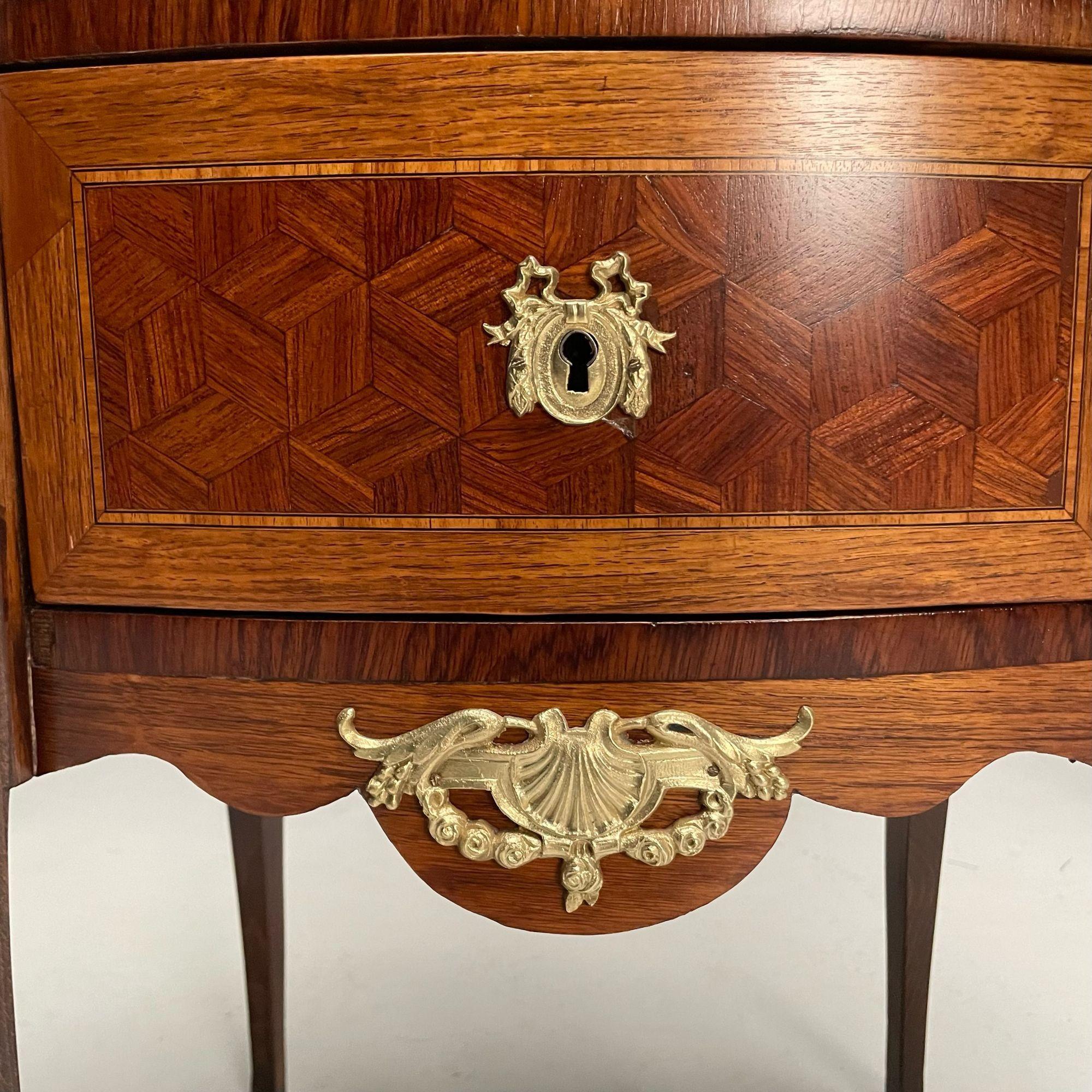 French Louis XV, Side Tables, Marquetry, Marble, Brass, France, 1930s For Sale 9