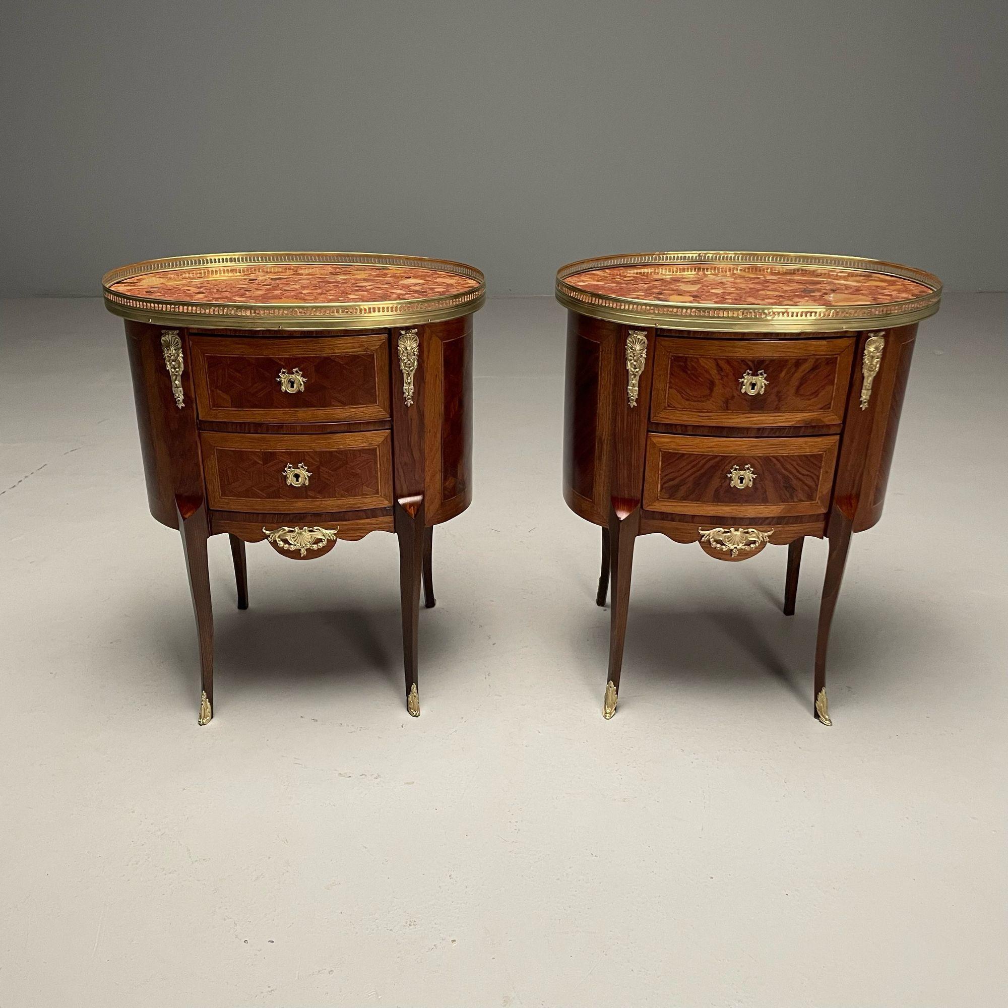 French Louis XV, Side Tables, Marquetry, Marble, Brass, France, 1930s

Pair of French Louis XV Style Side / End Tables, Nightstands, Marquetry, Marble Made in France pair of two drawer end tables or bedside stands having bronze framed galleried
