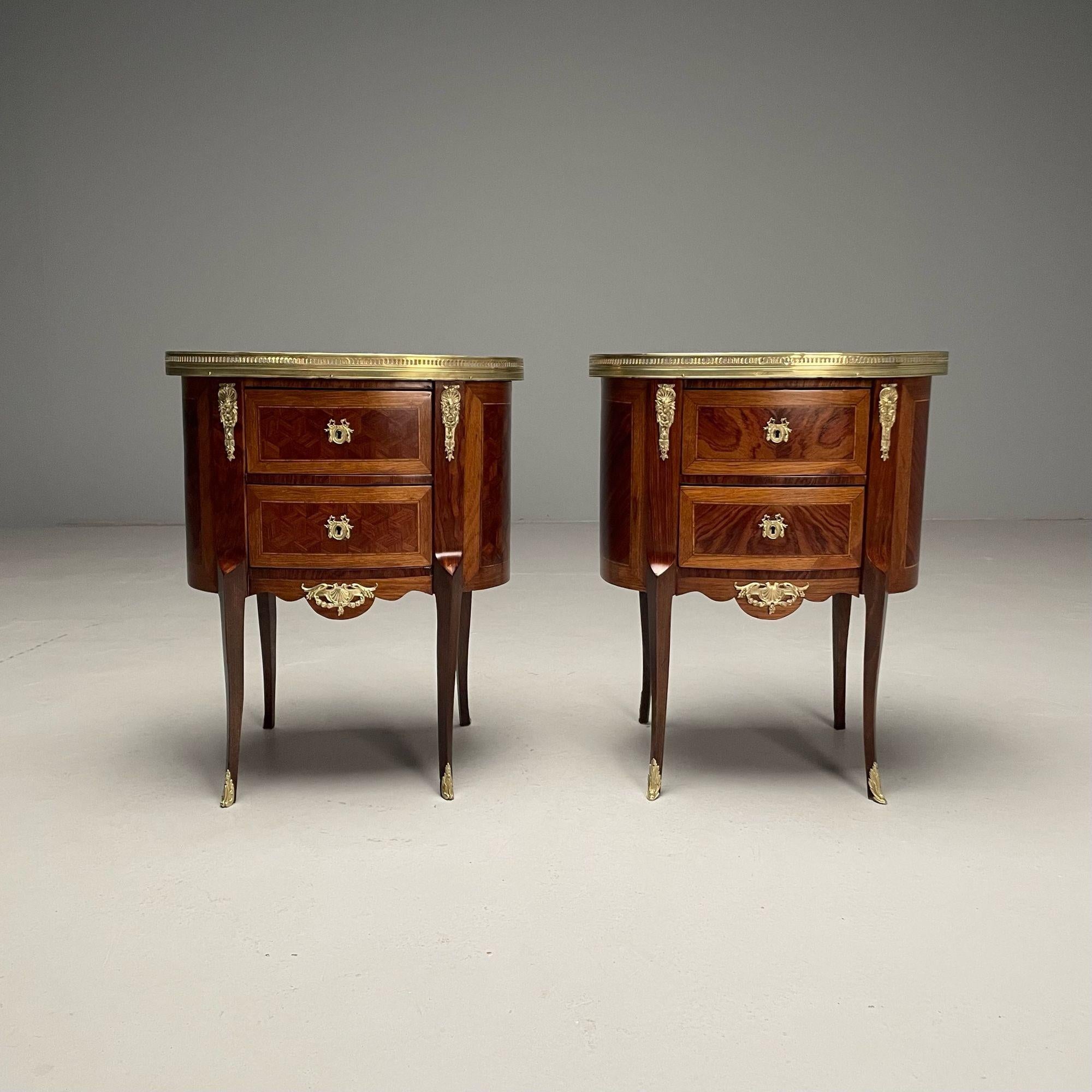 French Louis XV, Side Tables, Marquetry, Marble, Brass, France, 1930s In Good Condition For Sale In Stamford, CT