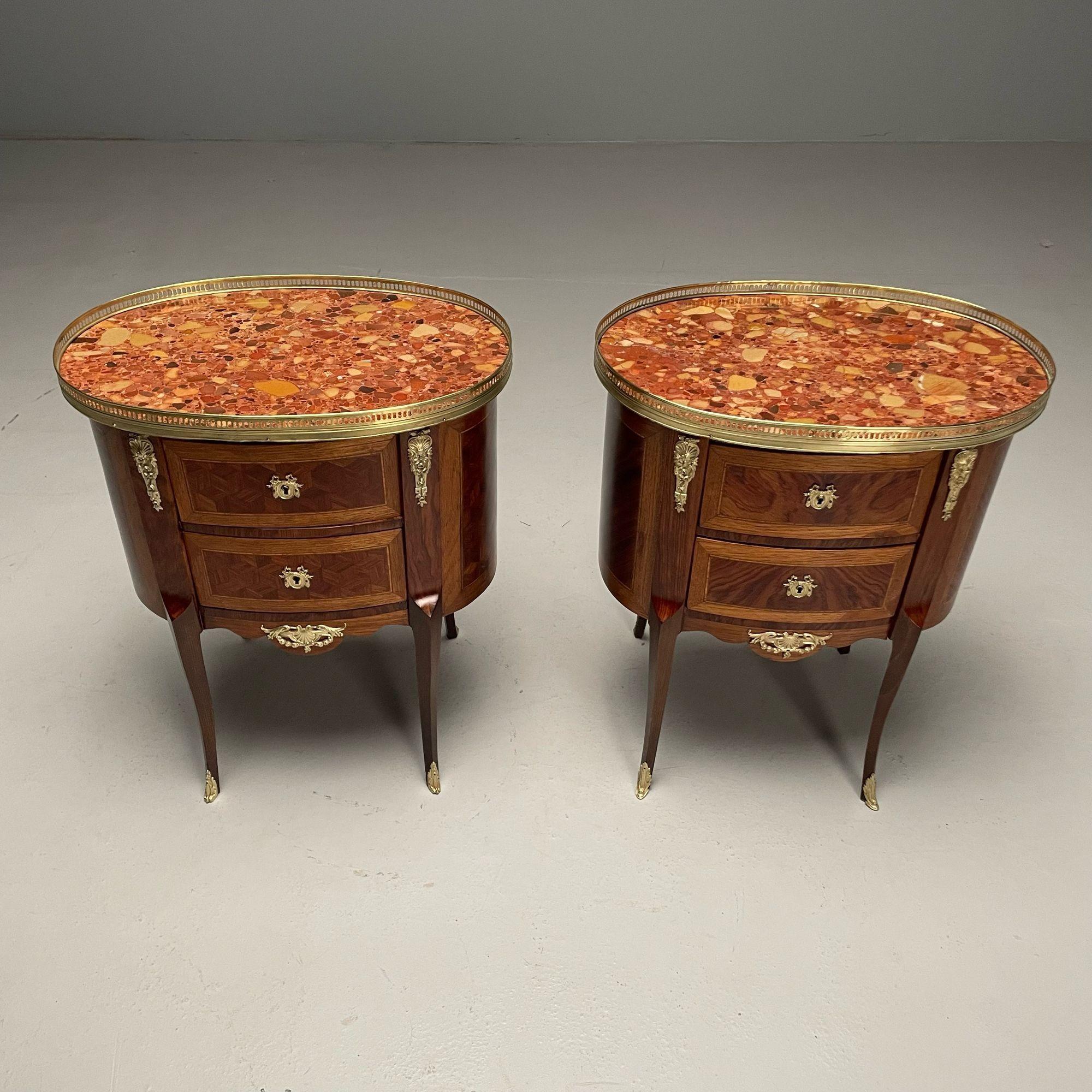 Mid-20th Century French Louis XV, Side Tables, Marquetry, Marble, Brass, France, 1930s For Sale