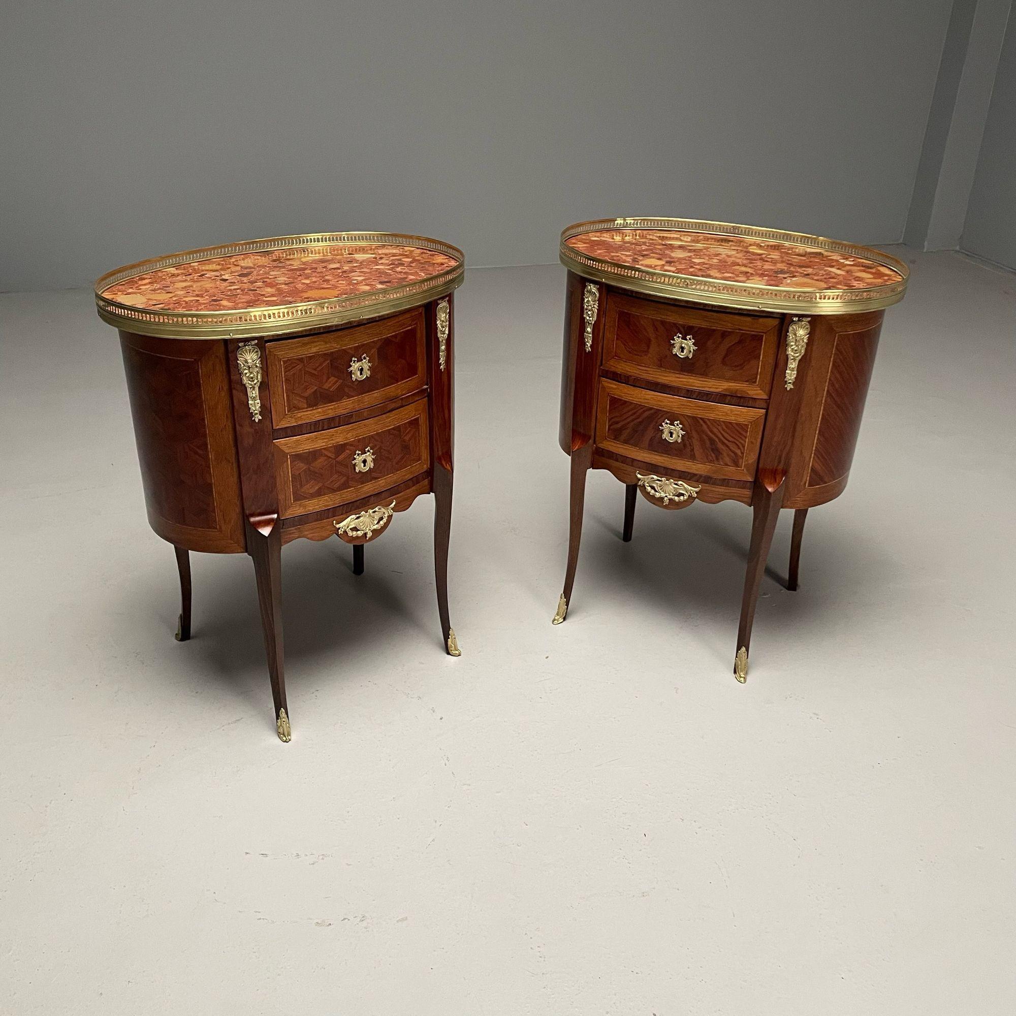 French Louis XV, Side Tables, Marquetry, Marble, Brass, France, 1930s For Sale 1