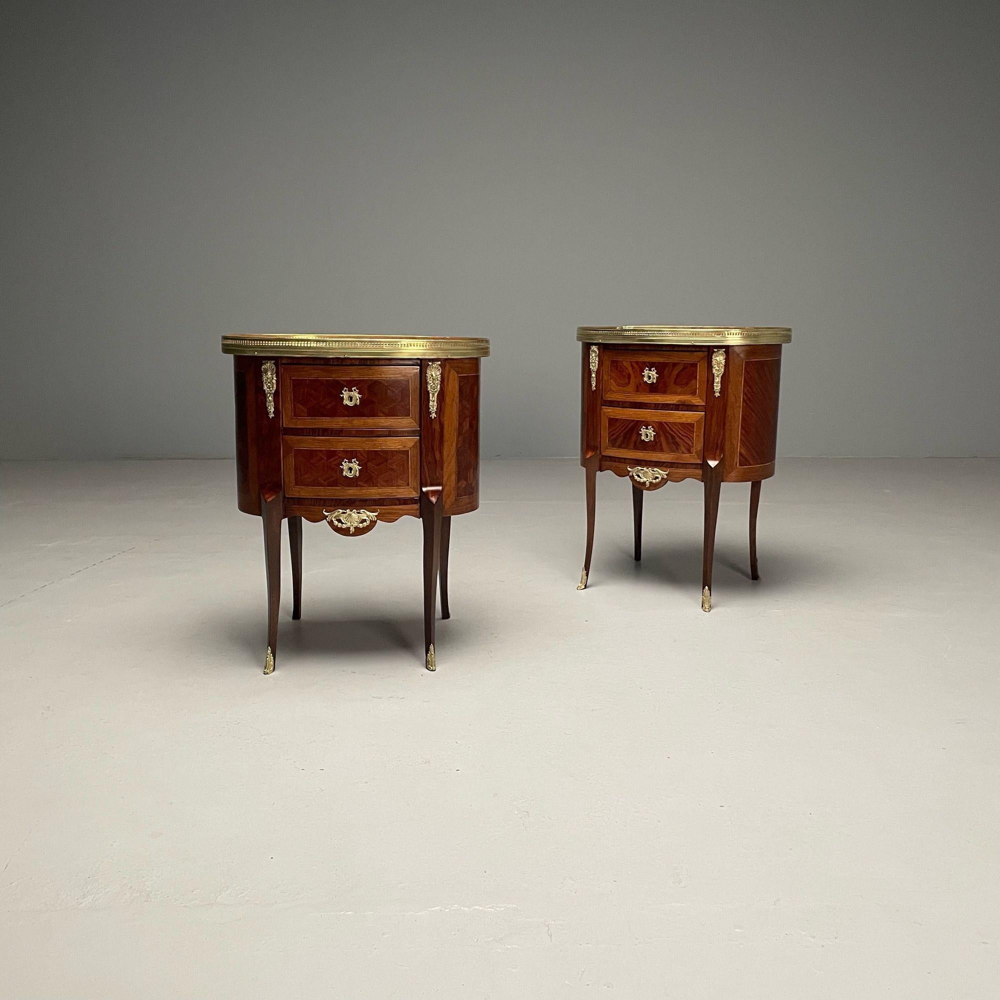 French Louis XV, Side Tables, Marquetry, Marble, Brass, France, 1930s For Sale 2