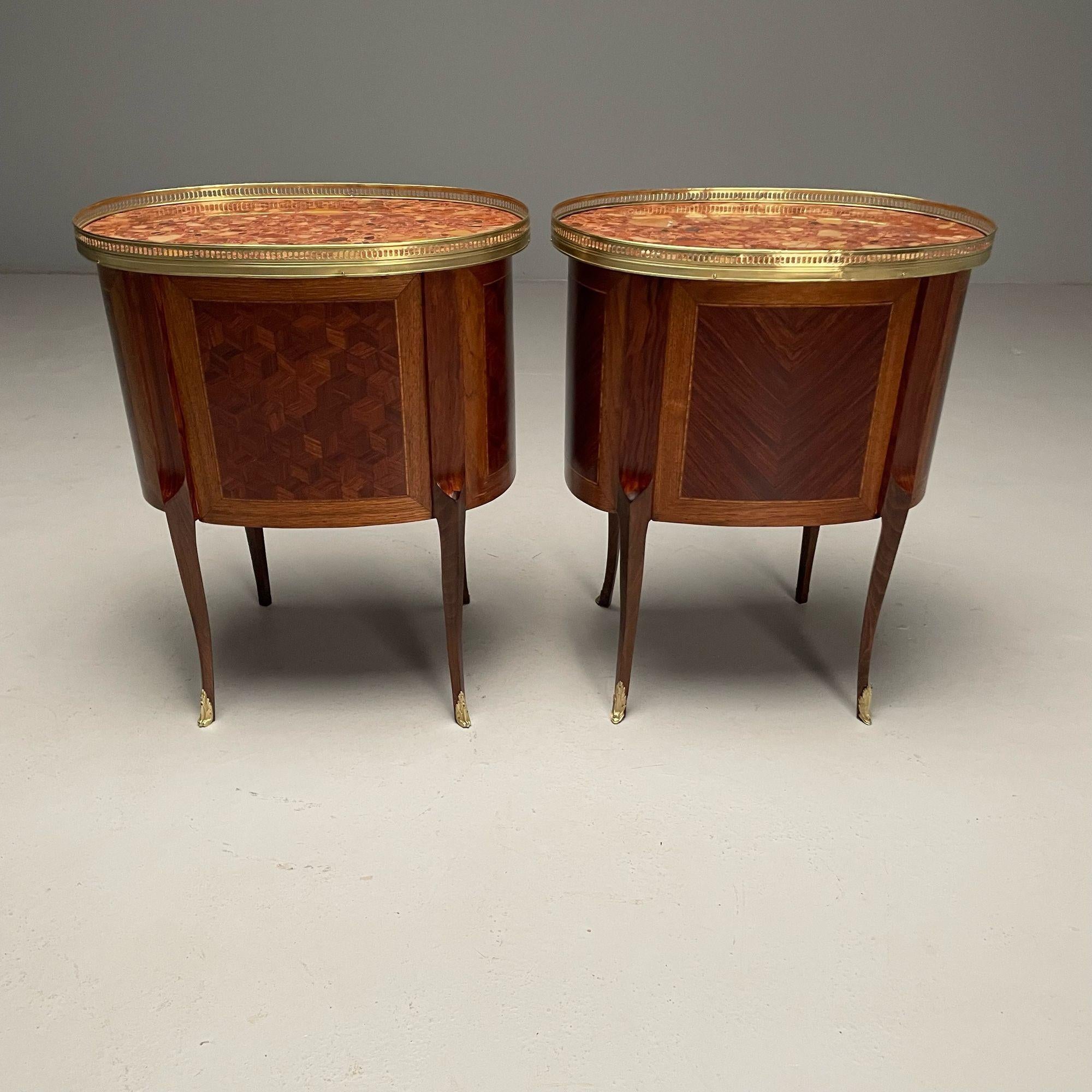 French Louis XV, Side Tables, Marquetry, Marble, Brass, France, 1930s For Sale 3
