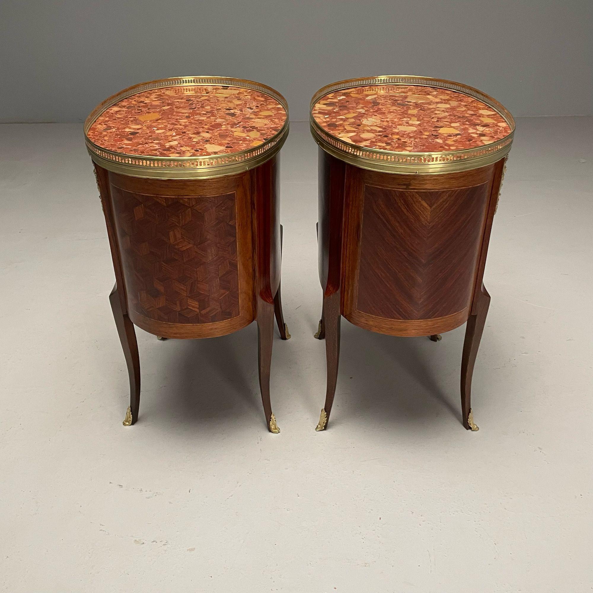 French Louis XV, Side Tables, Marquetry, Marble, Brass, France, 1930s For Sale 4