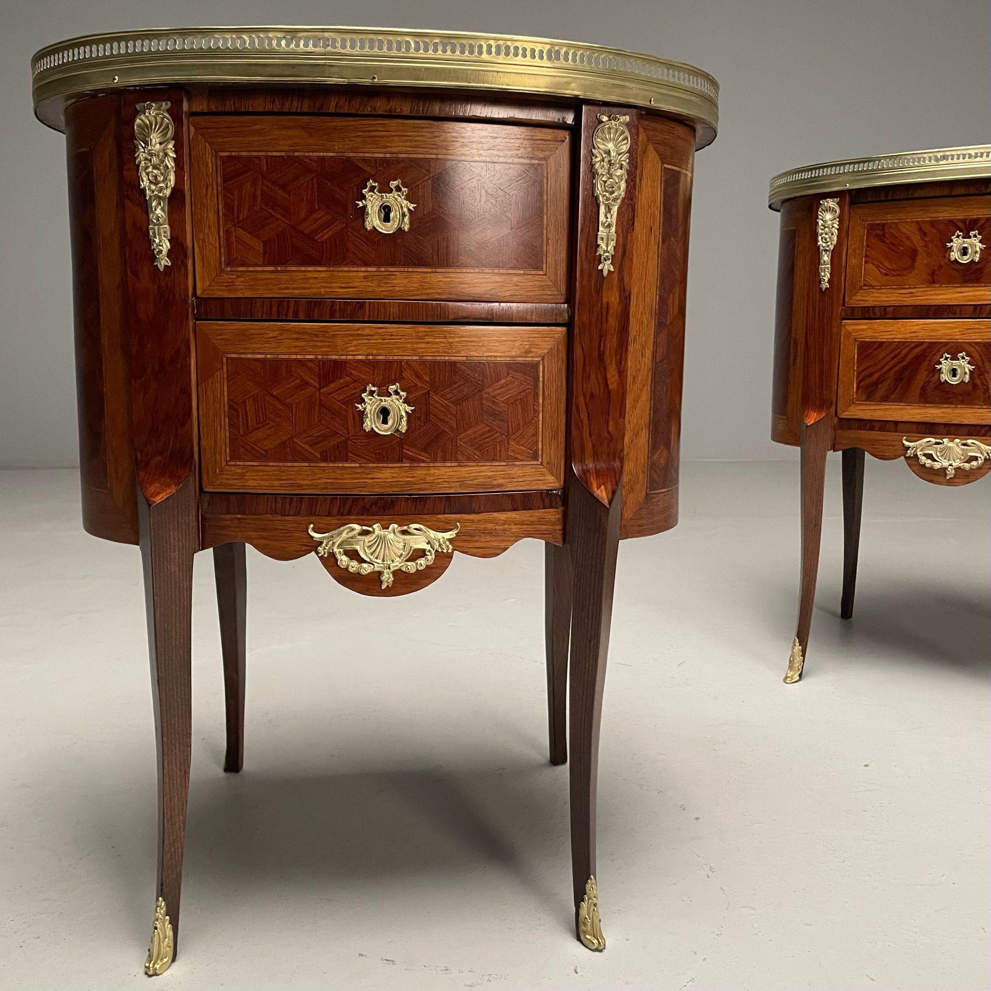 French Louis XV, Side Tables, Marquetry, Marble, Brass, France, 1930s For Sale 5