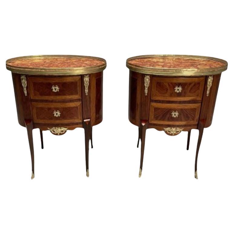 French Louis XV, Side Tables, Marquetry, Marble, Brass, France, 1930s