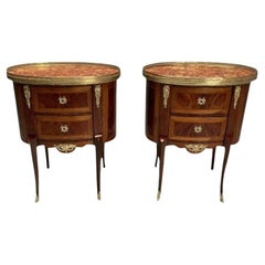 Vintage French Louis XV, Side Tables, Marquetry, Marble, Brass, France, 1930s