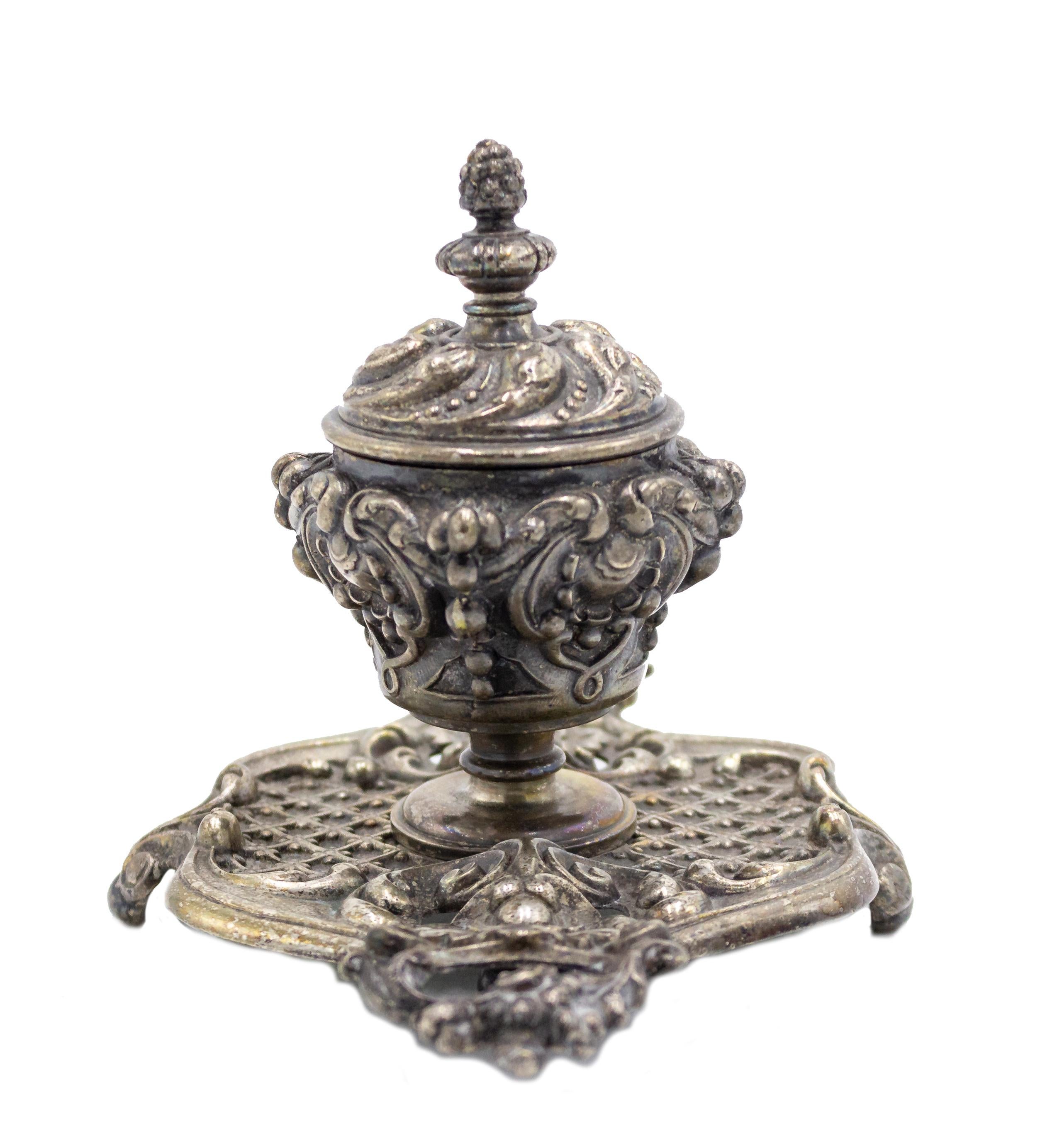 19th Century French Louis XV Silver and Bronze Inkwell For Sale