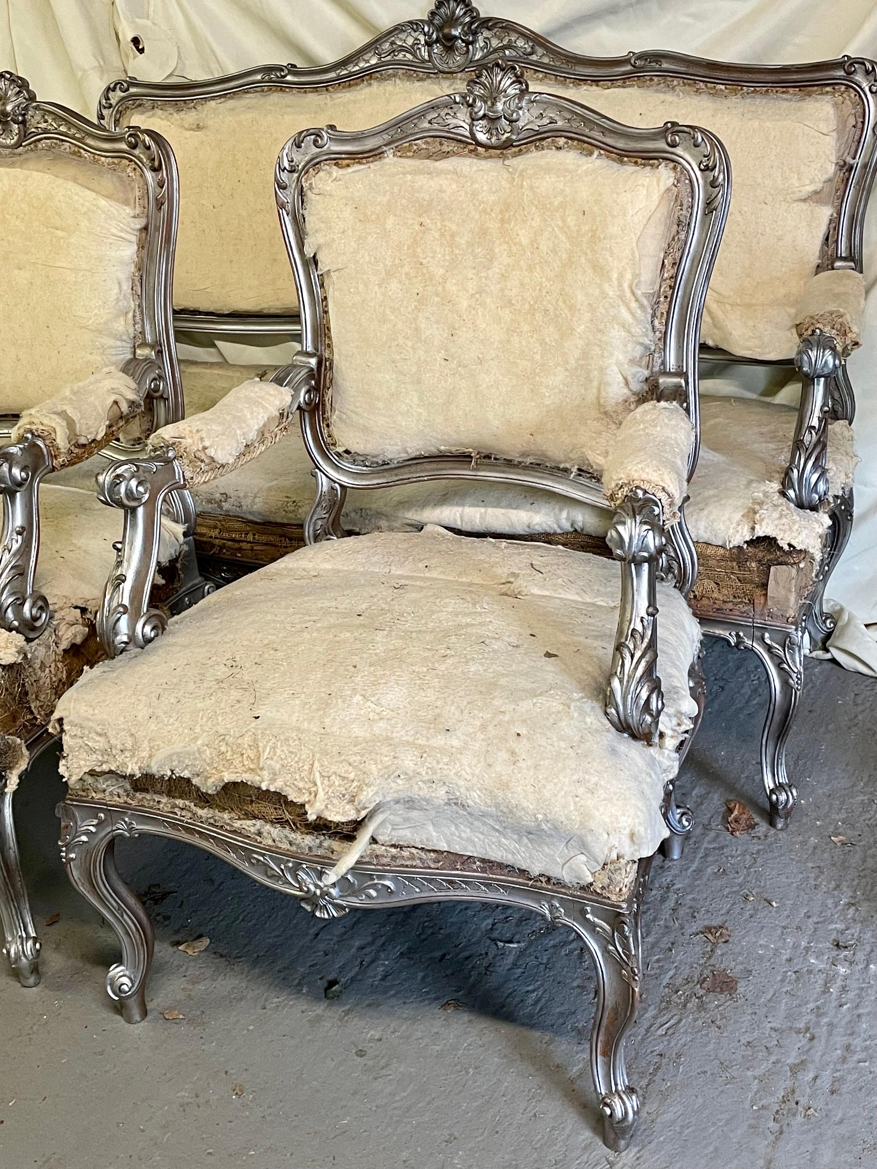 Walnut French Louis XV Silver Giltwood Carved Three-Piece Salon or Parlor Suite For Sale