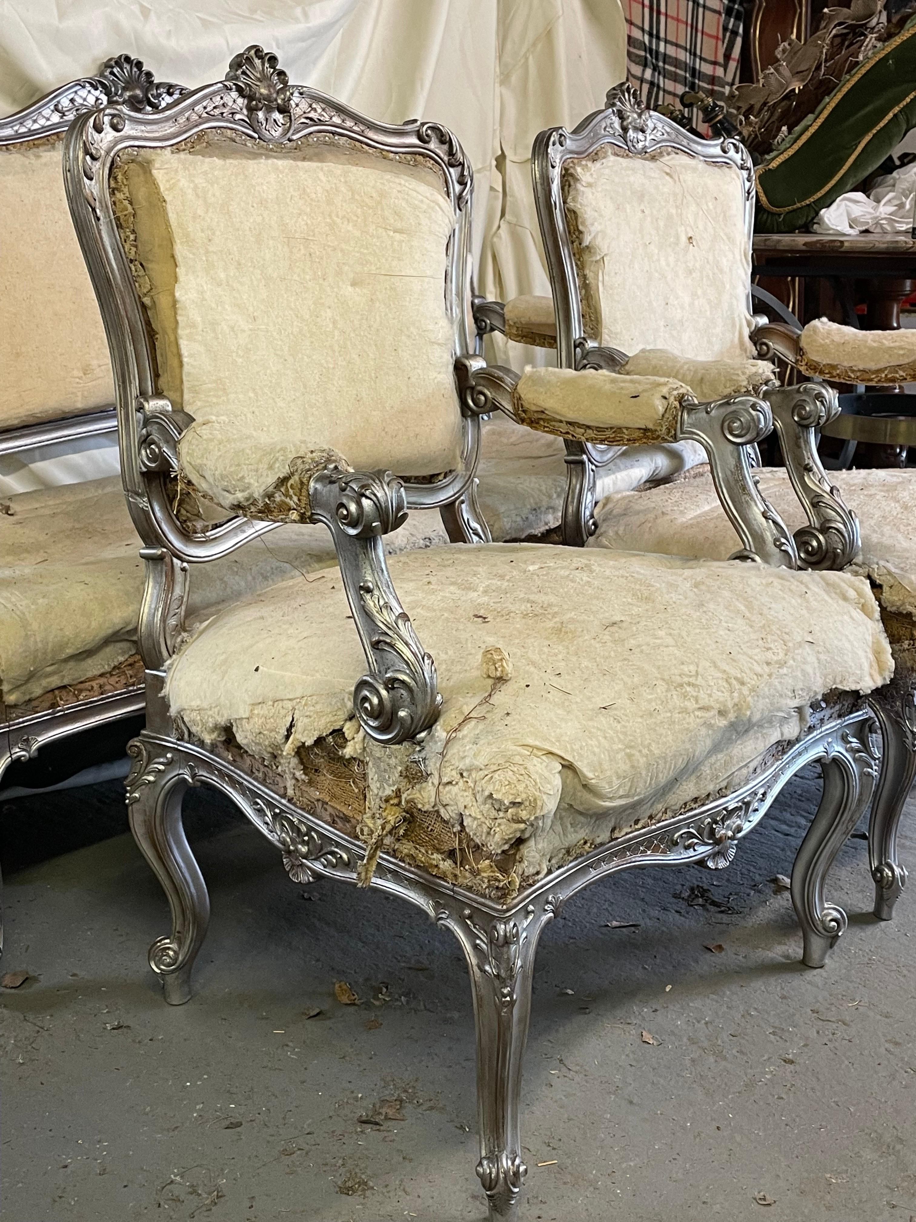 French Louis XV Silver Giltwood Carved Three-Piece Salon or Parlor Suite For Sale 2
